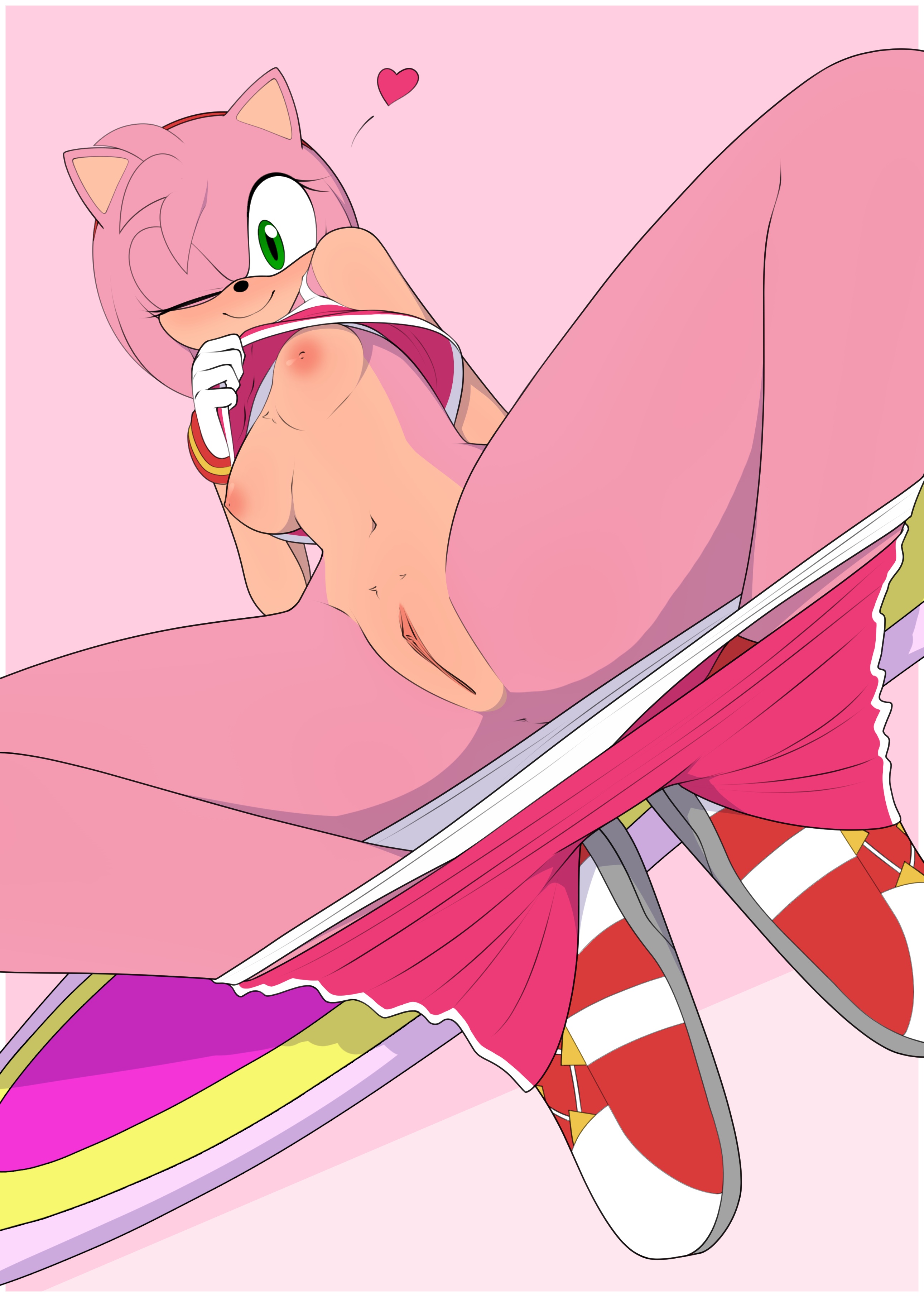 amy rose, anthro, blush, breasts, clothing, female, female anthro, flashing breasts, flashing pussy, furrgroup, furry, furry tail, green eyes, hedgehog girl, mobian, mobian (species), no panties, no underwear, pants, pants down, pants pulled down, pink body, pink fur, pink hair, pink skin, pink skinned female, pussy, sega, shirt, shirt lift, sitting, small breasts, sonic (series), sonic riders, vagina
