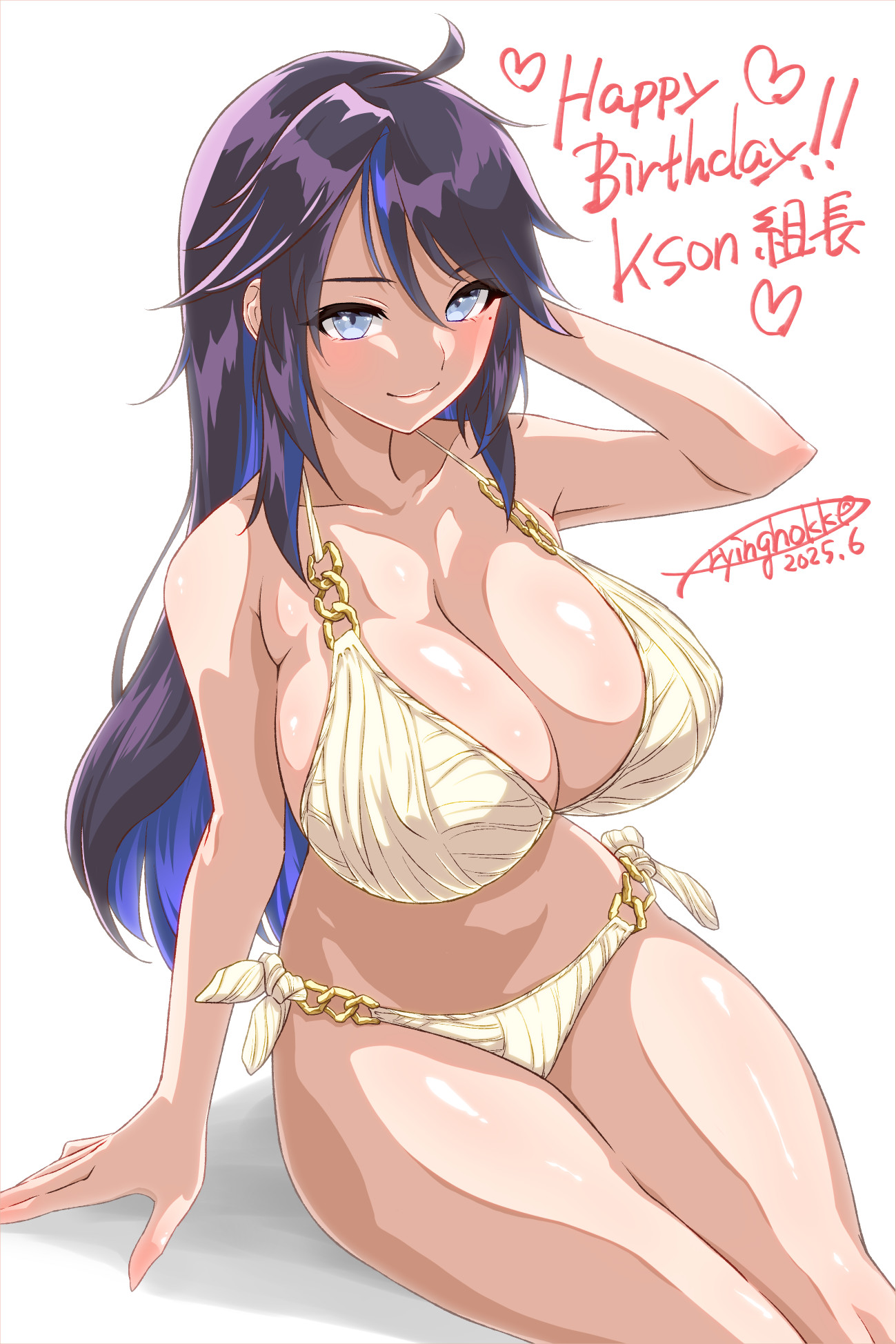 1girls, 2025, alternate hairstyle, artist name, big breasts, bikini, black hair, blue hair, blue streak, breasts, dated, english text, female, female only, hair down, happy birthday, hi res, hokke (fryinghokke), huge breasts, kson onair, large breasts, long hair, looking at viewer, signature, simple background, sitting, smile, solo, swimsuit, two-tone hair, virtual youtuber, vshojo, white background