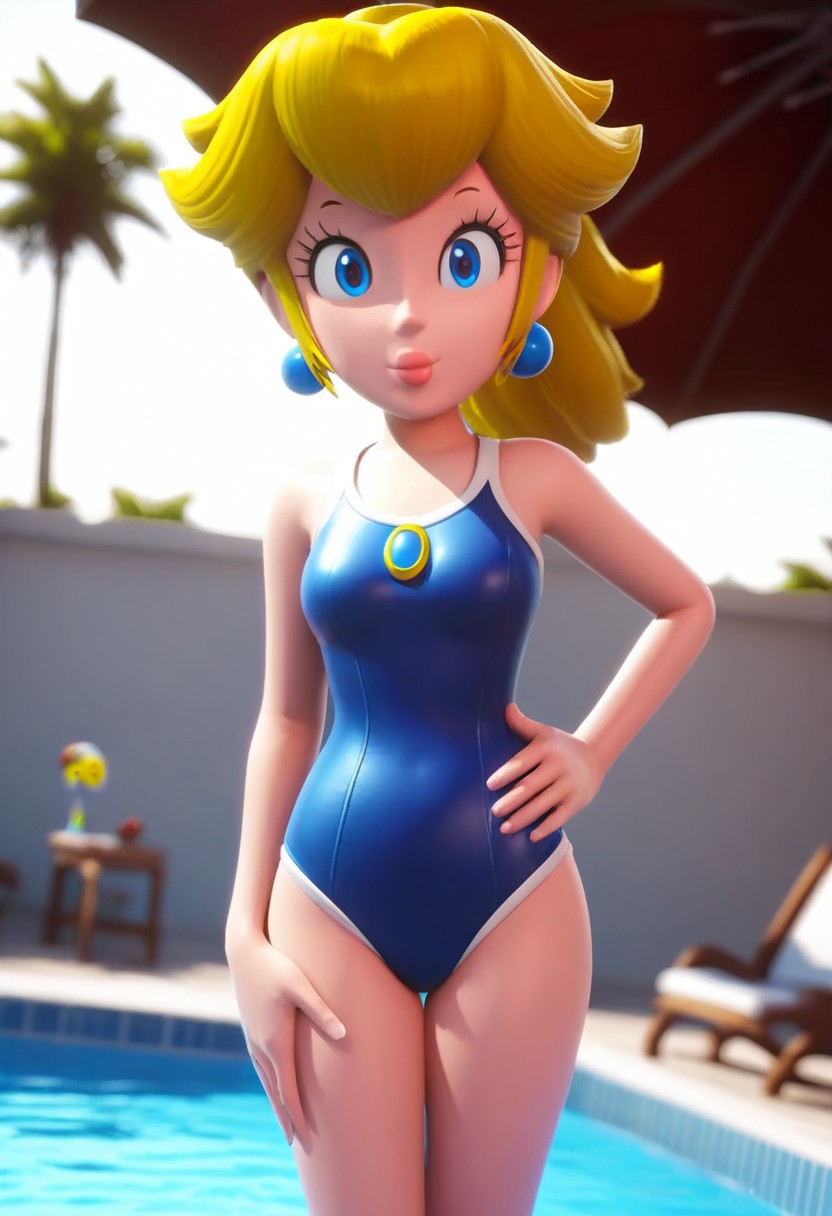 1girls ai_generated blonde_hair blue_earrings blue_eyes blue_swimsuit clothing eyelashes female female_only hand_on_hip light-skinned_female light_skin lips looking_at_viewer mario_(series) nintendo one-piece_swimsuit ponytail pool princess princess_peach royalty sidelocks smile swimsuit tpgg_(ai_generator)