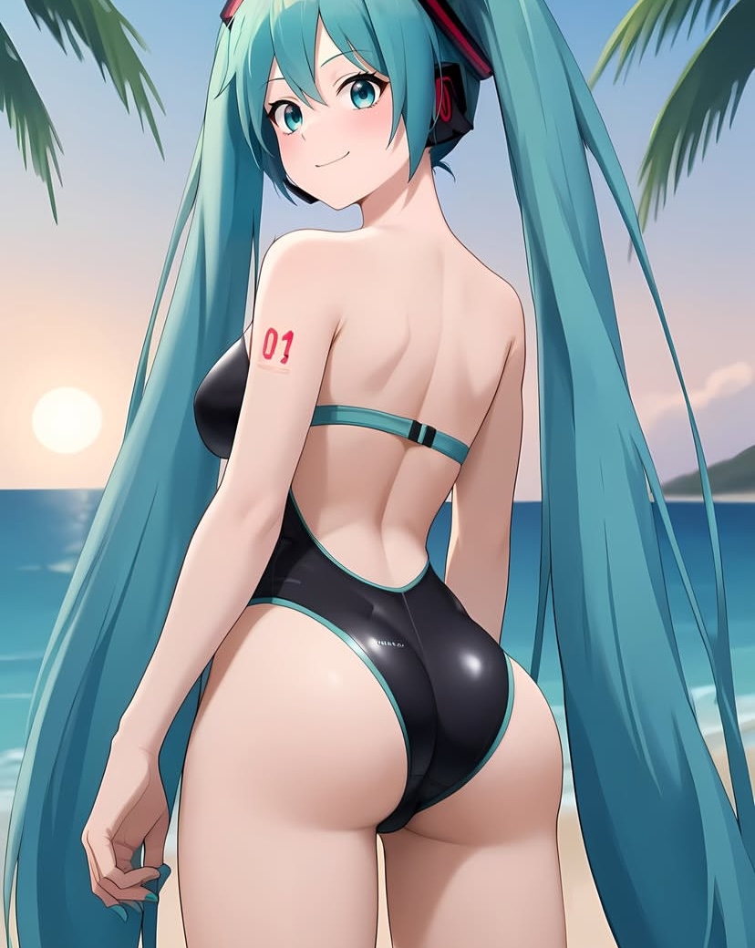 big_ass big_breasts hatsune_miku looking_at_viewer looking_back sideboob swimsuit