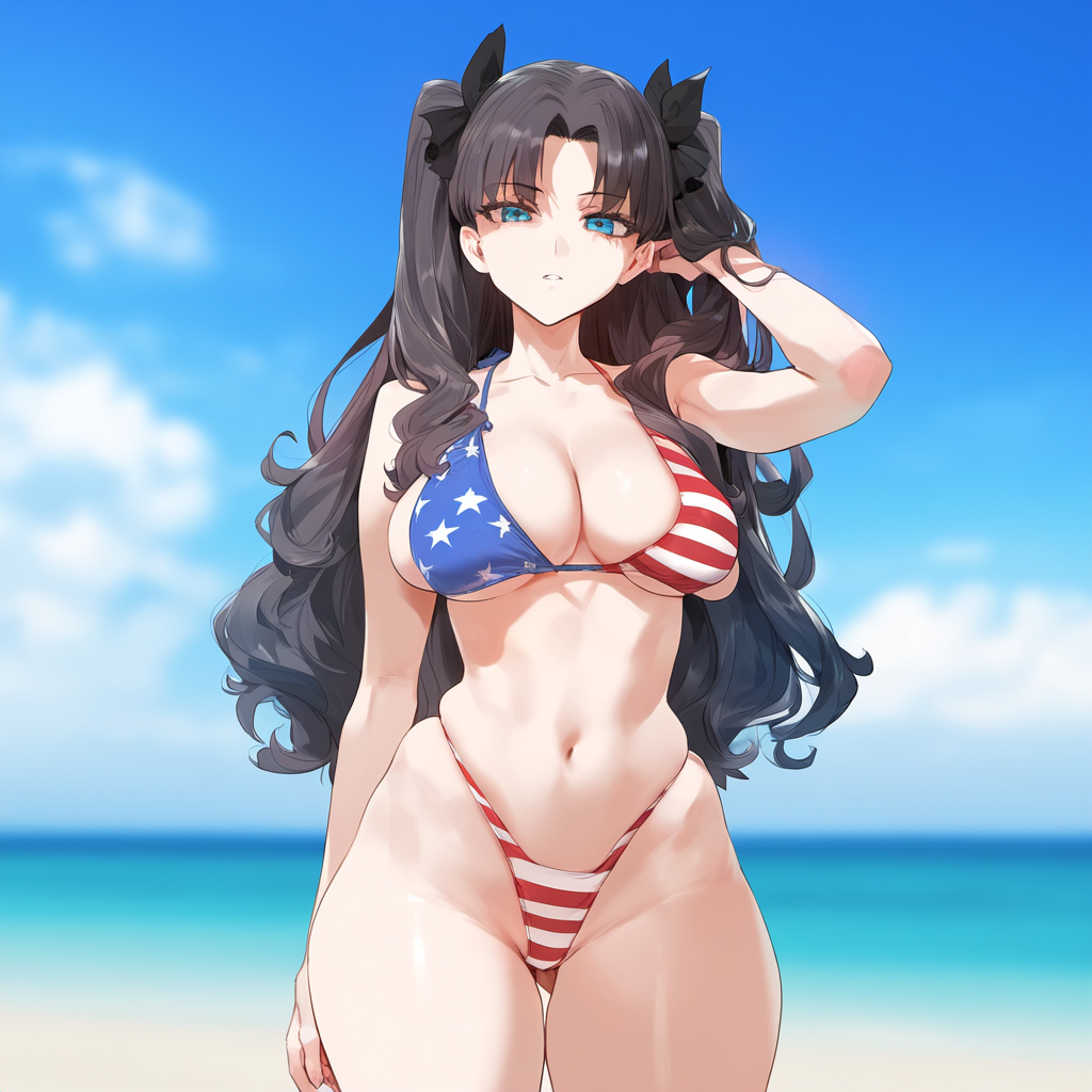 ai_generated american_flag_bikini beach black_hair blue_eyes fate/stay_night fate_(series) japanese_female looking_at_viewer medium_breasts sky tohsaka_rin wide_hips