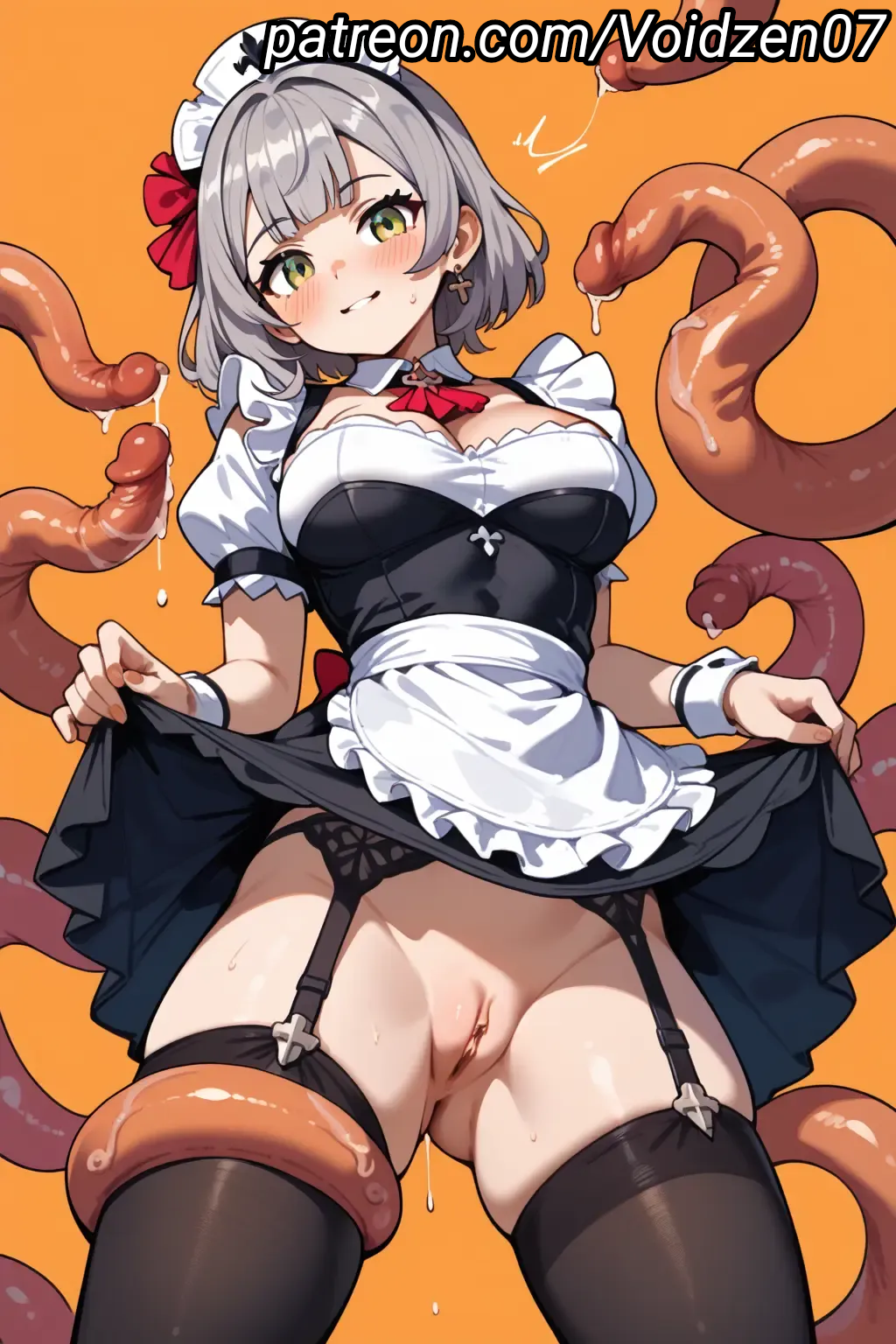 1female 1girls ai_generated big_breasts breasts breasts_focus brown_background brown_tentacles busty cum female genshin_impact girly gray_hair huge_breasts huge_thighs human innie_pussy looking_at_viewer maid maid_dress maid_uniform mature mature_female mature_woman no_bra no_panties no_underwear noelle_(genshin_impact) pussy pussy_juice ready_for_sex ready_to_fuck solo solo_female solo_focus tentacle tentacle tentacle_monster tentacle_sex thick_thighs tight_clothing tights upskirt voidzen