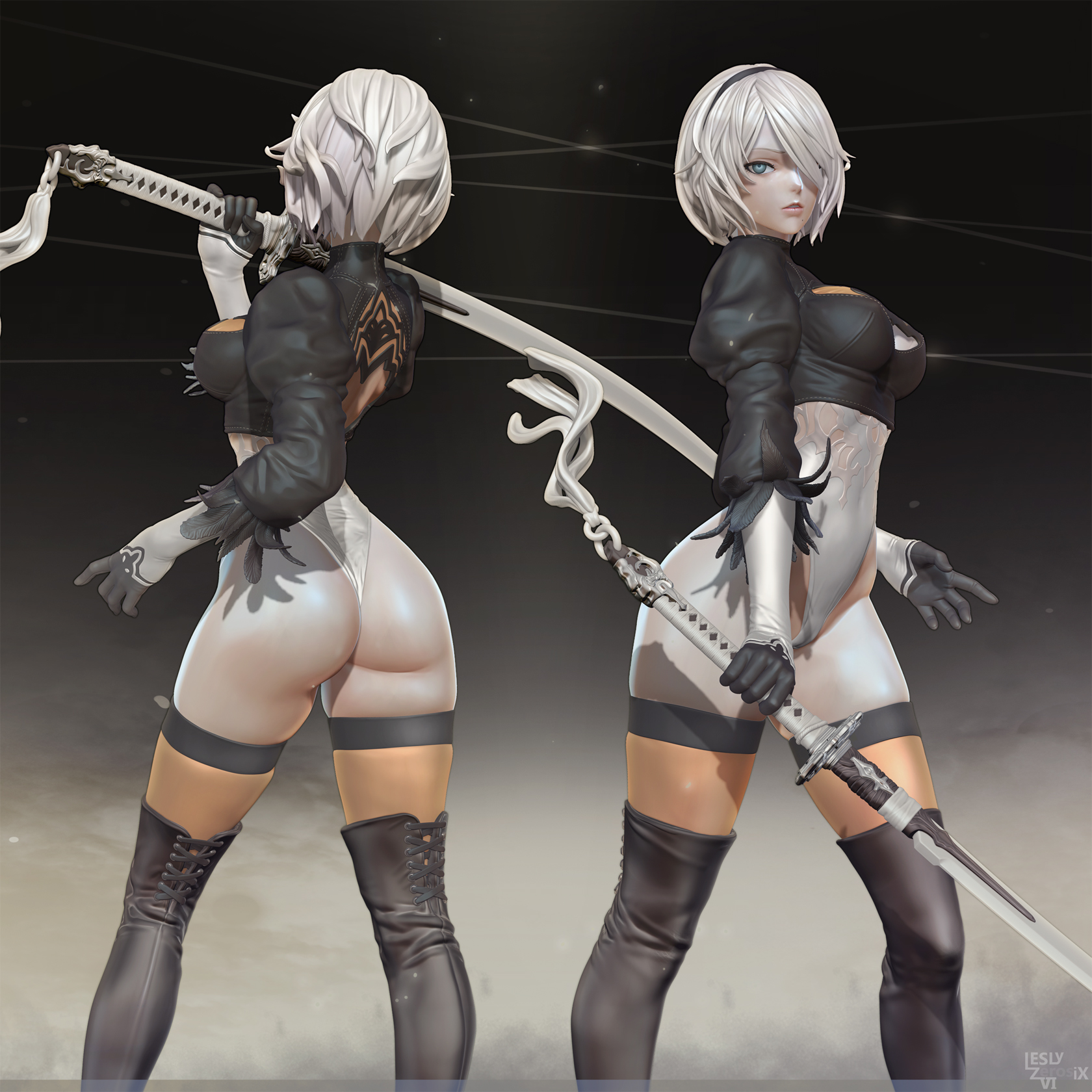 3d, ass, asscheeks, blue eyes, butt, buttcheeks, female, headband, leotard, leslyzerosix, light skin, light-skinned female, looking at viewer, nier, nier: automata, short hair, solo, standing, tagme, thighhighs, virtuous contract, white hair, white leotard, yorha 2b