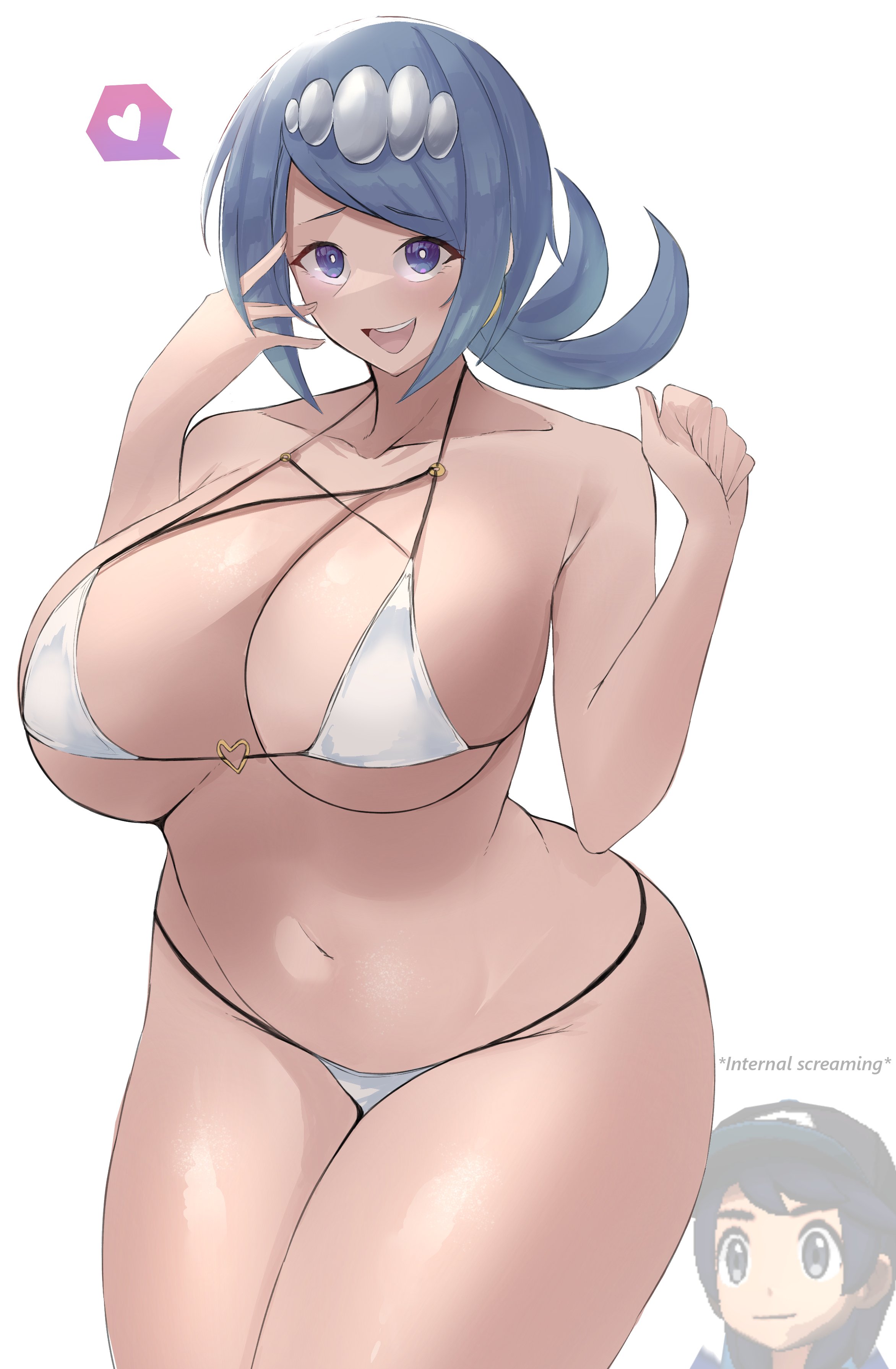 1girls, big breasts, bikini, blue eyes, blue hair, blush, breasts, calmgreentori, elio (pokemon), female, hair ornament, internal screaming, lana's mother (pokemon), mature female, milf, nintendo, pokemon, pokemon sm, tied hair, white background, white bikini, wide hips