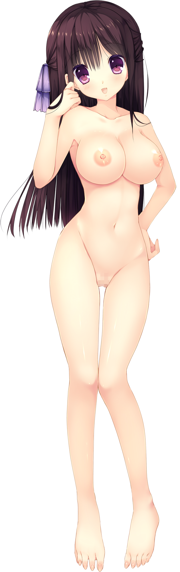 barefoot black_hair breasts censored eyebrows_visible_through_hair female full_body hair_ribbon haruoto_alice_gram highres large_breasts long_hair looking_at_viewer mosaic_censoring navel nipples nude official_art open_mouth pink_eyes pussy ribbon rindou_yaya solo takanae_kyourin