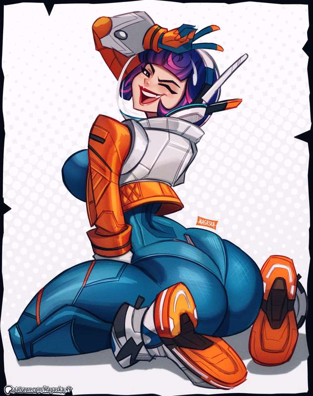 1girls, 2d, ass, ass focus, astronaut helmet, big ass, blue bodysuit, bodysuit, clothed, clothed female, female, juno (overwatch), large ass, looking at viewer, looking back, looking back at viewer, magaska19, overwatch, overwatch 2, purple hair, seductive, seductive look, seductive pose, seductive smile, short hair, solo, solo female, solo focus, thick thighs, v sign, white background, winking, winking at viewer