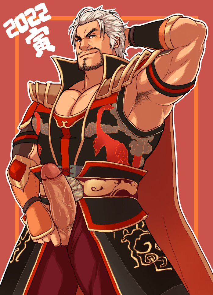 1boy 2022 dynasty_warriors exposed_penis gay magnum_feering muscular muscular_male penis penis_out red_background shin_sangoku_musou sun_jian white_hair