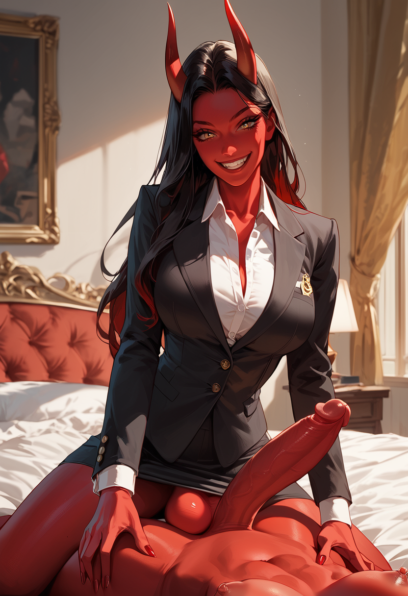 ai_generated demon_girl female horns red_skin suit