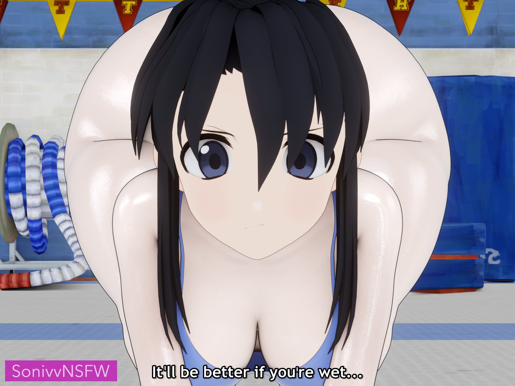 1girls, 3d, alternate version available, ass, ass body, azumanga daiou, bent over, big ass, big breasts, black hair, blue eyes, breasts, cleavage, closed mouth, english text, female, front facing with ass, highres, huge ass, light skin, light-skinned female, looking at viewer, meme, nyamo minamo kurosawa, pale skin, pale-skinned female, please look forward to it, sonivvnsfw, text, thick thighs