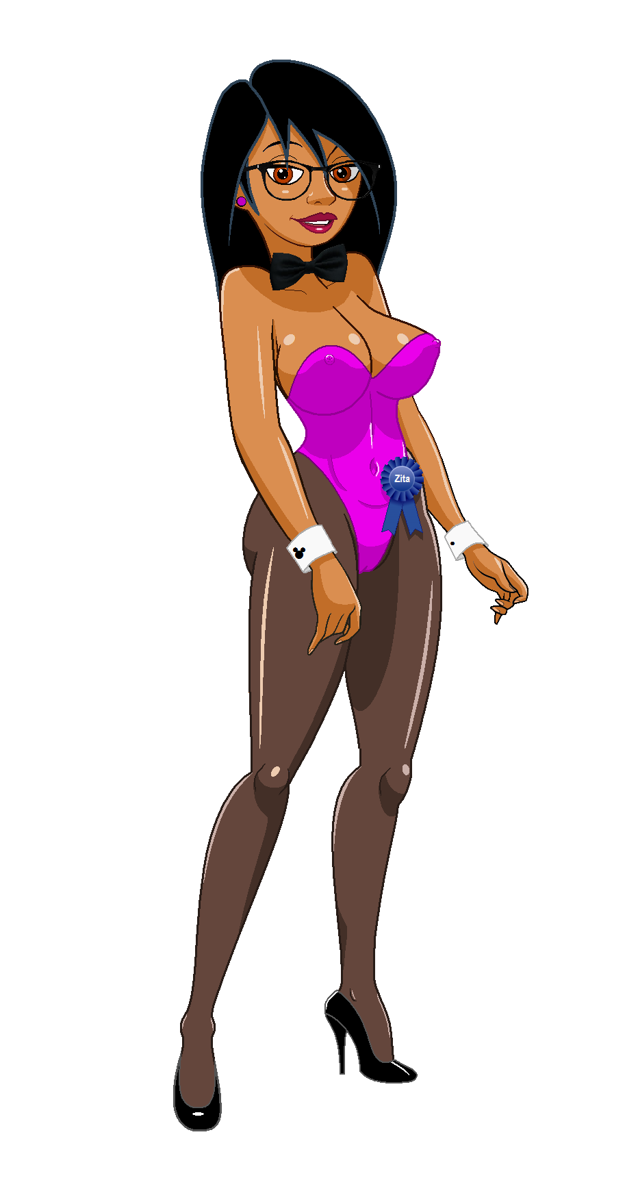 1girls aged_up bare_shoulders big_breasts bimbo black_hair blue_ribbon bow bowtie bracelet brown_eyes brown_skin bunnysuit busty cameltoe cleavage curvy dark-skinned_female dark_skin disney disney_channel ear_piercing earrings erect_nipple erect_nipples eyeliner female female_only fnbman front_view glasses high_heels hourglass_figure human kim_possible large_breasts leotard lipstick long_hair looking_at_viewer makeup nipple_bulge older pantyhose piercing pink_lipstick ribbon shiny shiny_skin simple_background solo standing teenager text voluptuous white_background wide_hips zita_flores