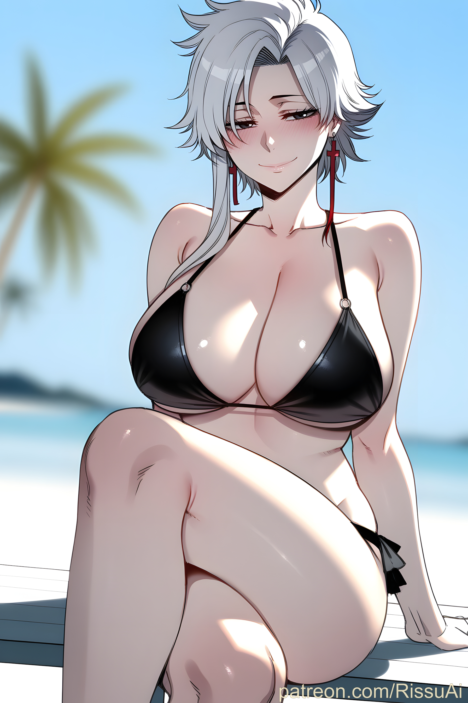 1girls, 2026, ai generated, beach, big ass, big breasts, bikini, bikini bottom, bikini top, bleach, blurry background, blush, day, earrings, female, female only, grey hair, high resolution, highres, kotetsu isane, looking at viewer, patreon, patreon username, pervert, pervert smile, red earrings, rissuai, sexy, sexy body, sexy female, sexy pose, short hair, smiling, submissive female