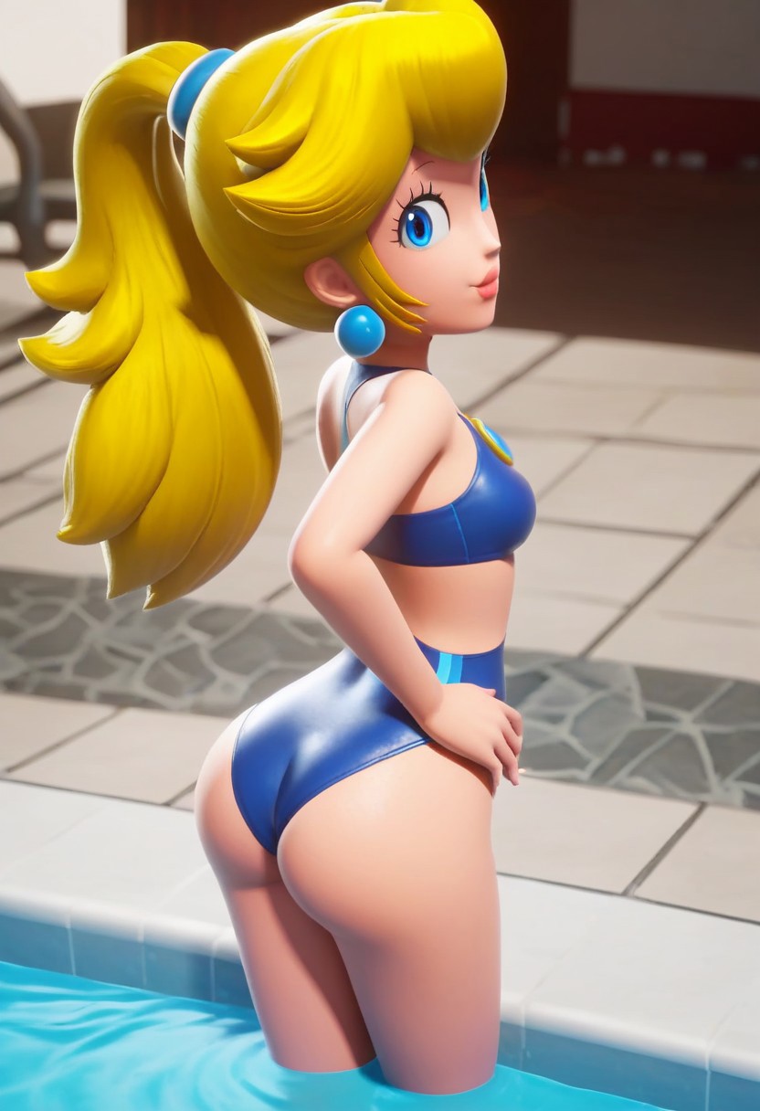 ai_generated ass bikini blonde_hair blue_earrings blue_eyes blue_swimsuit female lips looking_at_viewer nintendo ponytail princess_peach sidelocks smile tpgg_(ai_generator)