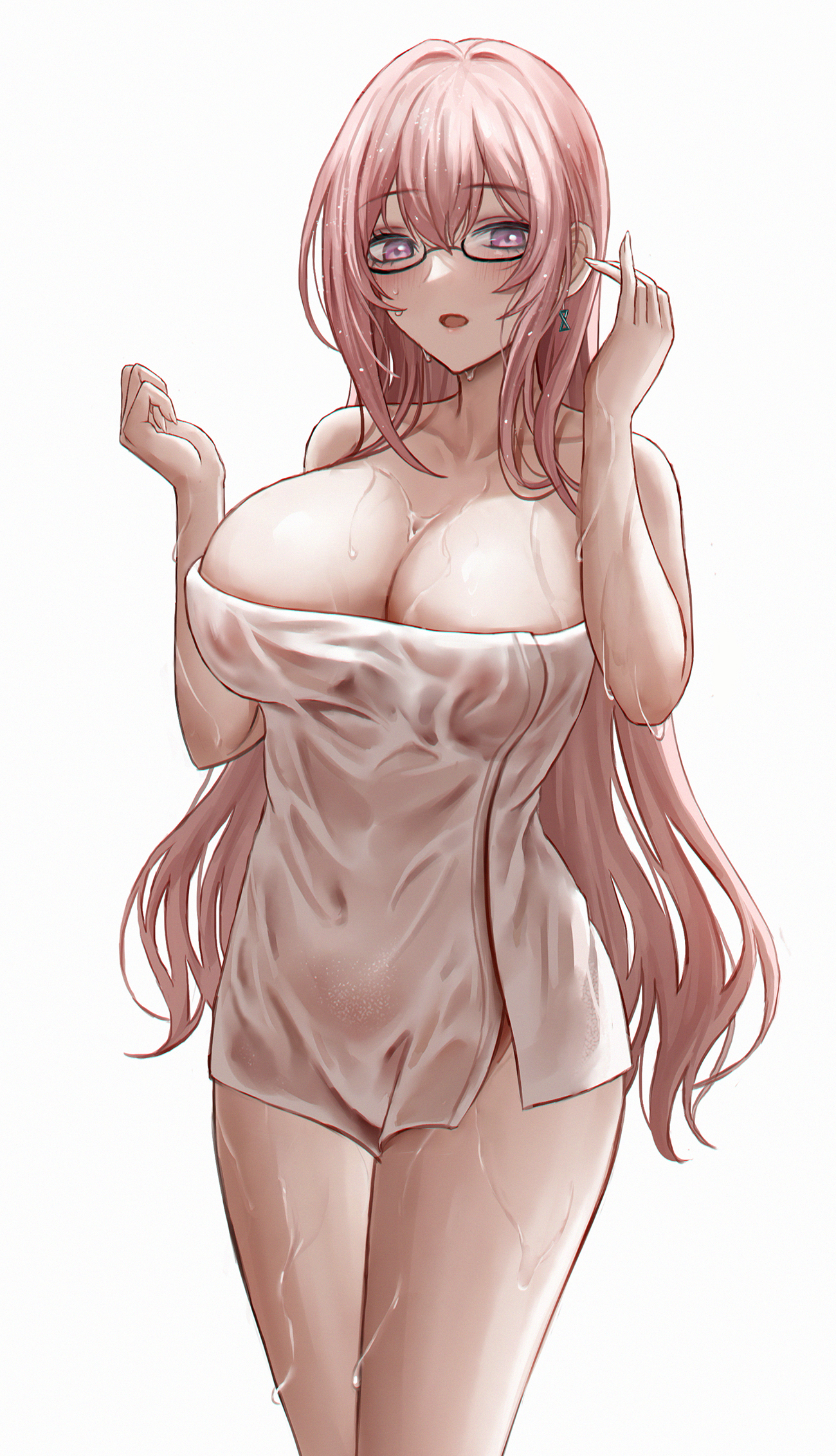 1girls, alternate version available, big breasts, blush, breasts, cleavage, ear piercing, earrings, eyewear, female, female only, glasses, hair, huge breasts, long hair, pink hair, purple eyes, selcky, solo, solo female, thighs, towel, towel only, tsukishiro yanagi, wet, wet body, zenless zone zero