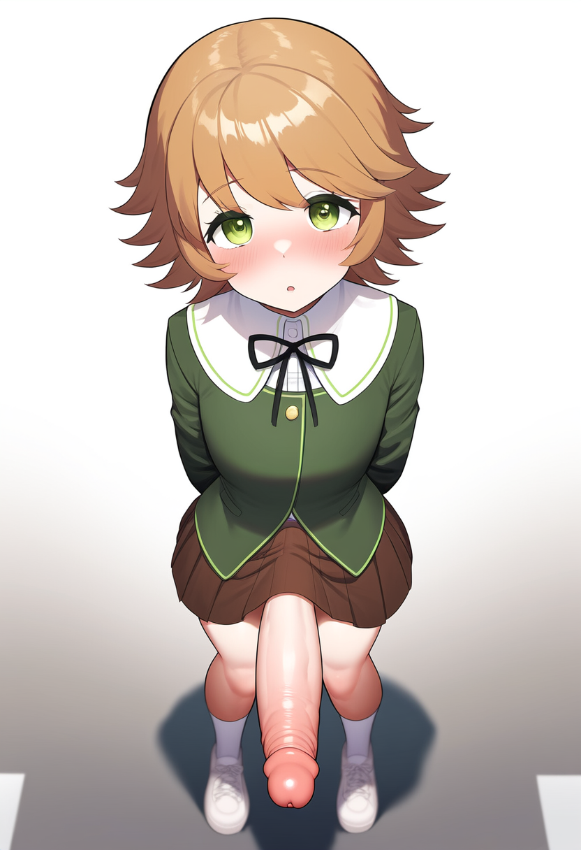 1boy 1femboy ai_generated big_cock big_dick big_penis blush blushing_at_viewer brown_hair brown_skirt danganronpa danganronpa:_trigger_happy_havoc erection femboy fujisaki_chihiro green_eyes green_shirt huge_cock hung_femboy hung_trap large_cock large_dick large_penis looking_up_at_viewer novelai penis penis_out pov school_uniform shadow simple_background stable_diffusion uzirunthecity white_background white_shoes white_socks