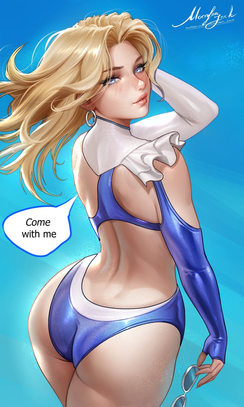 1girls, 2d, ass, ass cleavage, ass focus, back, back view, big ass, blonde hair, blue eyes, blue one-piece swimsuit, breasts, cleavage, clothed, clothing, clothing cutout, earrings, fantastic four, fully clothed, hips, huge ass, invisible woman, invisible woman (azure shade), invisible woman (marvel rivals), jewelry, light skin, light-skinned female, lips, lipstick, long hair, looking at viewer, looking back, marvel, marvel comics, marvel rivals, mature female, milf, mommy, moonlen-jack, mother, official alternate costume, one-piece swimsuit, revealing clothes, revealing swimsuit, sexy, sexy body, sexy female, sexy pose, smile, solo, sue richards, sue storm, sunglasses, superheroine, swimsuit, thick ass, thick hips, thick thighs, tight clothing, water, wide hips