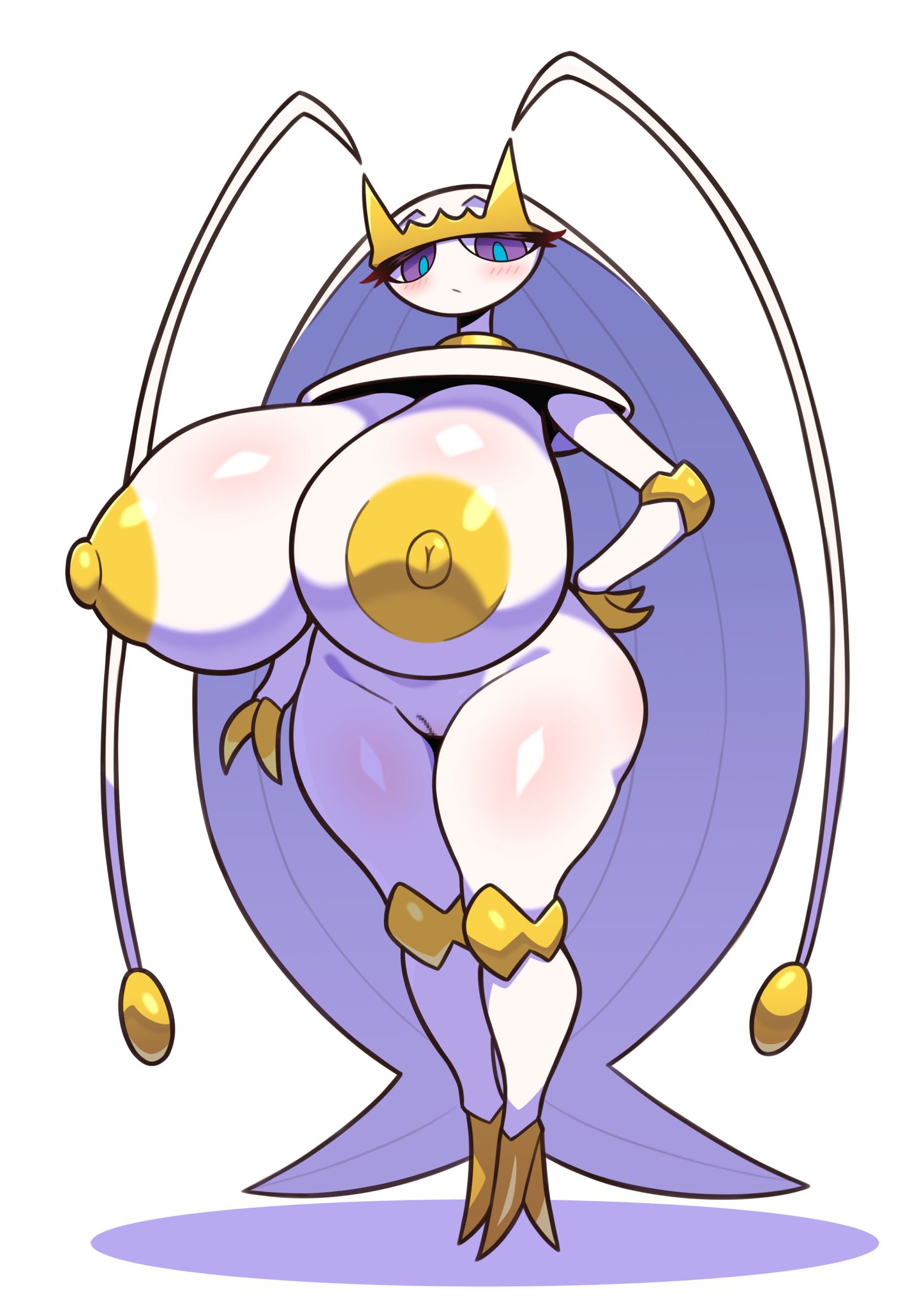 1girls, anthro, big breasts, blue eyes, bottomless, breasts, colored areola, colored nipples, female only, full body, game freak, hair, hand on hip, hips, huge breasts, large breasts, long hair, naked, naked female, nude, nude female, pheromosa, pokemon, pokemon (species), pokemon sm, pussy, sigruku, solo, solo female, thighs, topless, vagina, white background, white body, white hair, white skin, yellow areola, yellow nipples