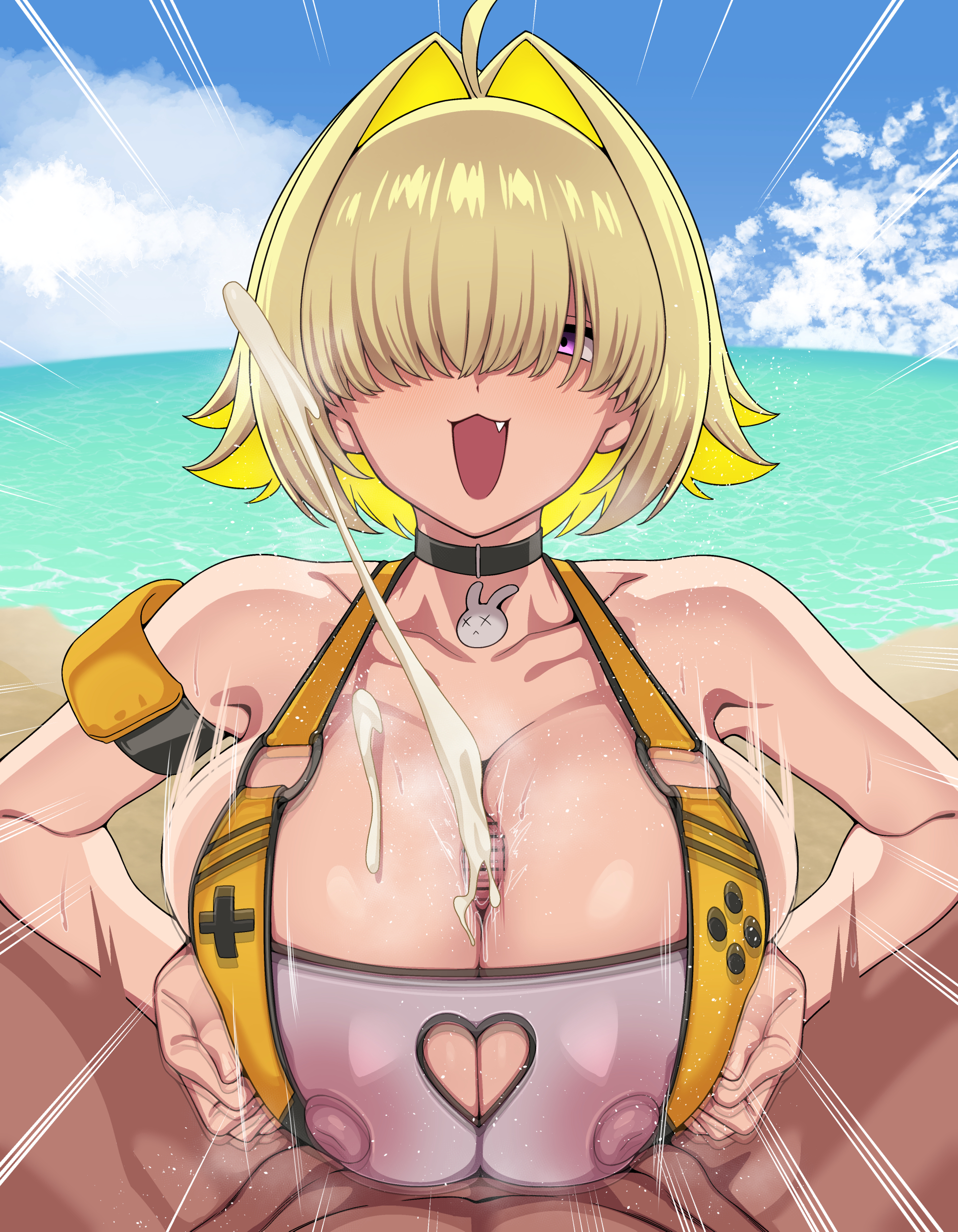 1boy, 1girls, bangs over eyes, blonde, cum, ejaculation, elegg (boom and shock) (nikke), elegg (nikke), goddess of victory: nikke, hiyoko spot, huge breasts, paizuri, penis, semen, short hair
