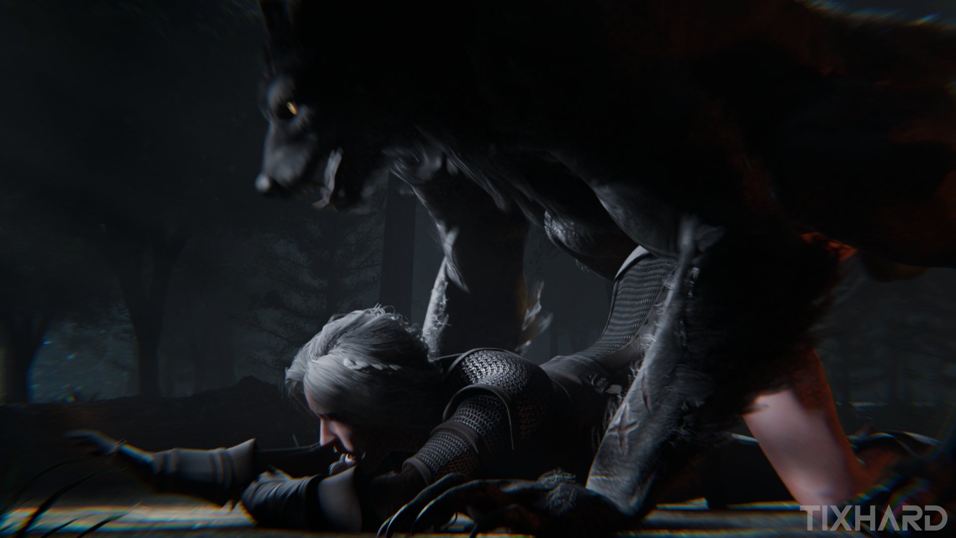 1girls, 1monster, 3d, ambiguous penetration, anthro, anthro dominating human, anthro penetrating, anthro penetrating human, armored female, ass up, braid, canine, canine on human, cd projekt red, ciri, closed eyes, defeat sex, defeated, defeated heroine, female, femsub, forest, freckles, freckles on face, gloves, human female, human penetrated, interspecies, light skin, light-skinned female, male anthro/female human, mascara, monster, pale skin, pale-skinned female, penetration, prone bone, rape, sex, submissive human, the witcher (series), the witcher 4, tixhard, werewolf, white hair