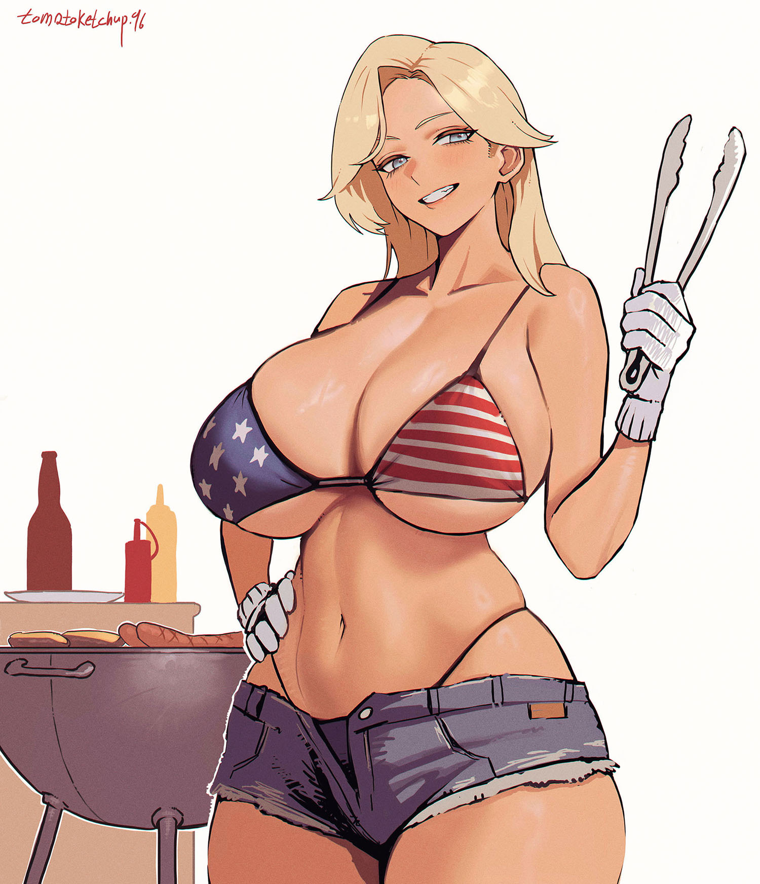 1girls, 2020s, 2026, 2d, 2d (artwork), 2d artwork, 4 fingers, 5 fingers, american flag bikini, artist name, artist signature, barbecue, beautiful woman, belly, belly button, big boobs, big breasts, big hips, big thighs, big tits, big titties, blonde, blonde female, blonde hair, blonde hair female, blonde-haired female, blue eyes, boobs, breasts, cleavage, clothed, clothed female, clothes, cropped legs, curvy, curvy body, curvy female, curvy figure, curvy thighs, denim shorts, digital drawing (artwork), digital media, digital media (artwork), ears, eyebrows, eyelashes, eyes, eyes open, female, female focus, female only, fingers, food, girl, glove, gloved hands, gloves, half naked, half nude, half-dressed, hand on hip, heavenly body, hips, holding, holding object, human, human female, human only, large boobs, large breasts, large tits, light skin, light skin female, light skinned, light-skinned female, lips, long hair, long hair female, mature woman, navel, no dialogue, nude, nude female, oc, original, original character, partially clothed, partially clothed female, partially nude, partially nude female, revealing clothes, revealing clothing, revealing outfit, sexually suggestive, sexy, sexy body, sexy clothing, sexy female, short shorts, shorts, slim, slim female, smile, smiling, suggestive, suggestive look, tan, tan body, tan skin, tanned, tanned body, tanned female, tanned skin, text, thick thighs, thighs, thong, thong above shorts, tits, tomatoketchup96, tomboyish, unbothered, underboob, undressed, voluptuous, voluptuous body, voluptuous female, watermark, white background, wholesome, yellow hair