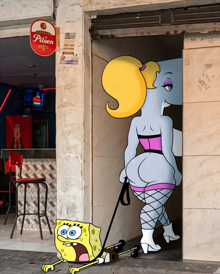 1boy, 1girls, alley, alleyway milf (meme), anthro, ass, blonde hair, blue eyes, breasts, bubble butt, cetacean, clothing, corset, dominant female, duo, eyelashes, female, femdom, funny, furry, hair, high heels, holding leash, larger female, leash, legwear, lying on stomach, male, male/female, mammal, marine, mature, mature female, mature male, meme, nickelodeon, open mouth, pearl krabs, pink corset, ponytail, powerful, redbenjamin, scared, sea sponge, size difference, smaller male, smile, sperm whale, spongebob squarepants, spongebob squarepants (character), voluptuous, voluptuous female, wanting more, whale, white high heels, yellow body