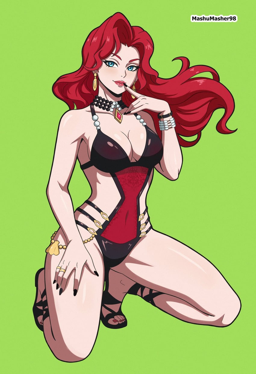 1girls, 2026, 2d, 2d (artwork), artist name, avengers, big breasts, black nails, black one-piece swimsuit, black sandals, black widow (aquatic assassin), black widow (marvel rivals), black widow (marvel), blue eyes, bracelet, breasts, cleavage, covered navel, curtained hair, earrings, eyelashes, finger in mouth, finger on lip, finger to mouth, floating hair, full body, gem, green background, jewelry, kneeling, large breasts, light skin, light-skinned female, lipstick, long hair, makeup, marvel, marvel comics, marvel rivals, mature female, multiple rings, natasha romanoff, necklace, one-piece swimsuit, pearl, pearl necklace, red hair, red lips, revealing clothes, revealing swimsuit, ring, sandals, sexy body, sexy female, sexy pose, simple background, solo, swimsuit, very long hair, video games, wind