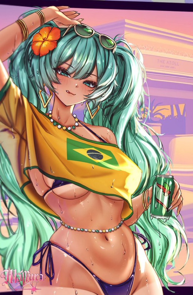 1girls, bikini, blue hair, brazilian, brazilian female, brazilian miku, canned drink, female, female only, grand theft auto, grand theft auto vi, gta vi cover girl, hatsune miku, meowmaffura, miku hatsune, sunglasses, tan body, tan lines, tan skin, vocaloid