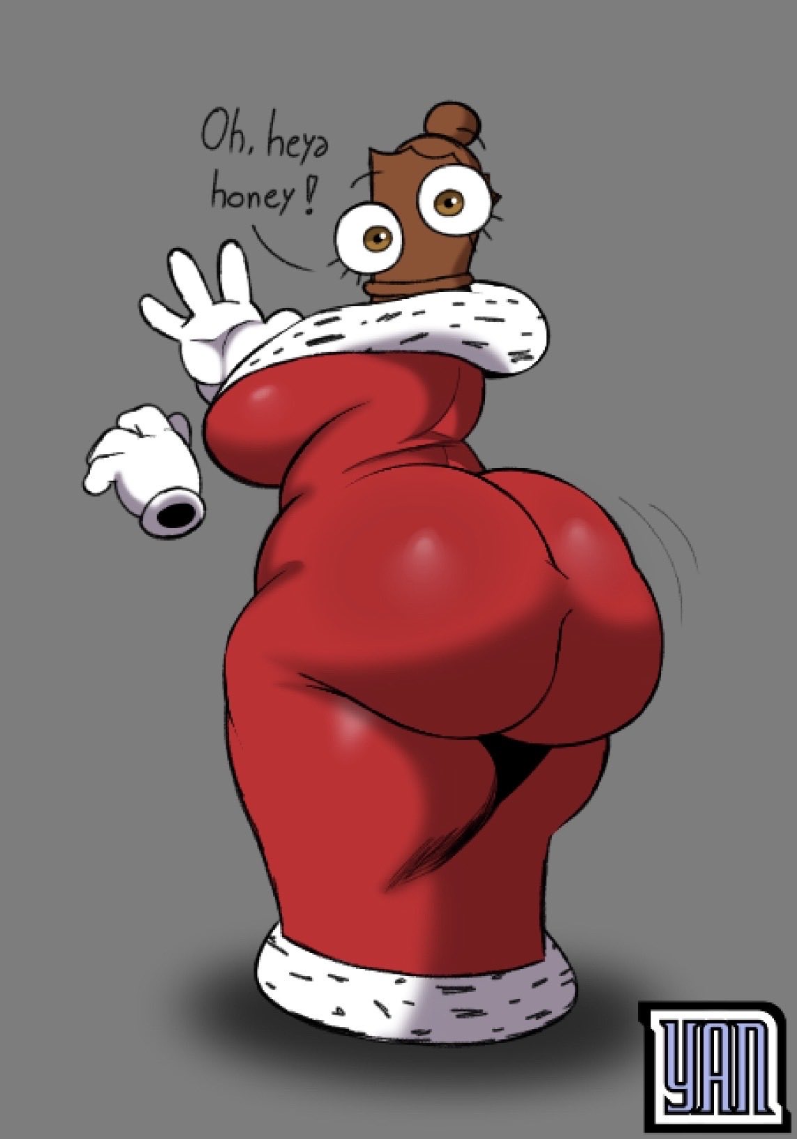1girls, 2026, 2d, 2d (artwork), artist logo, ass, ass focus, back view, backboob, big ass, big butt, chess piece, clothed, clothing, color, colored, dark skin, dark-skinned female, dialogue, digital drawing (artwork), digital media (artwork), disembodied hands, english text, fat ass, fat butt, female, female focus, female only, glitch productions, gooseworx, grey background, huge ass, huge butt, looking at viewer, looking back, looking back at viewer, motion lines, queenie (the amazing digital circus), red robe, robe, solo, solo female, solo focus, tadc, text, the amazing digital circus, yanafterdark