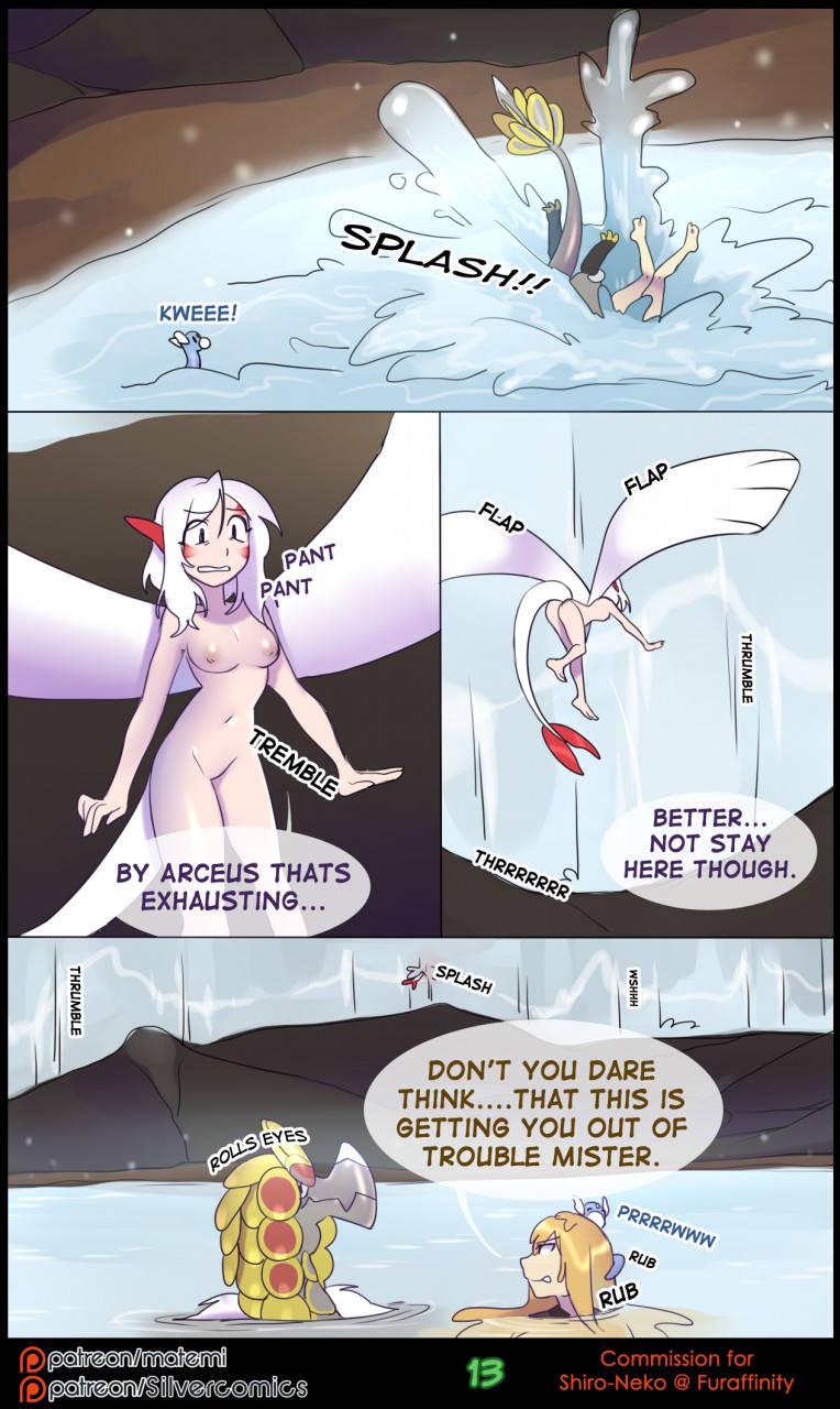 blonde_hair blush breasts comic dragon dratini english_text fan_character female hair horn hybrid kommo-o legendary_pokémon lugia male matemi nintendo nipples nude page_13 pokemon pokemon_(species) pokemon_sm silver_soul silver_soul:_lugia_form text video_games white_hair wings