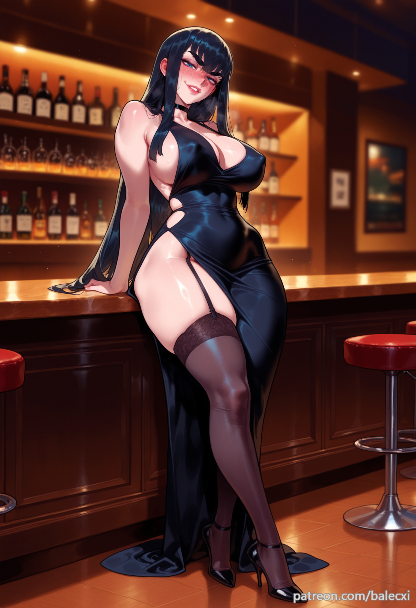 1girl, ai generated, balecxi, bar (place), bar stool, black choker, black dress, black footwear, black garter straps, black hair, black thighhighs, blue eyes, blush, bottle, covered navel, covered nipples, full body, garter straps, high heels, indoors, kill la kill, kiryuuin satsuki, large breasts, long hair, looking at viewer, patreon username, solo, strappy heels, thick eyebrows, thick thighs