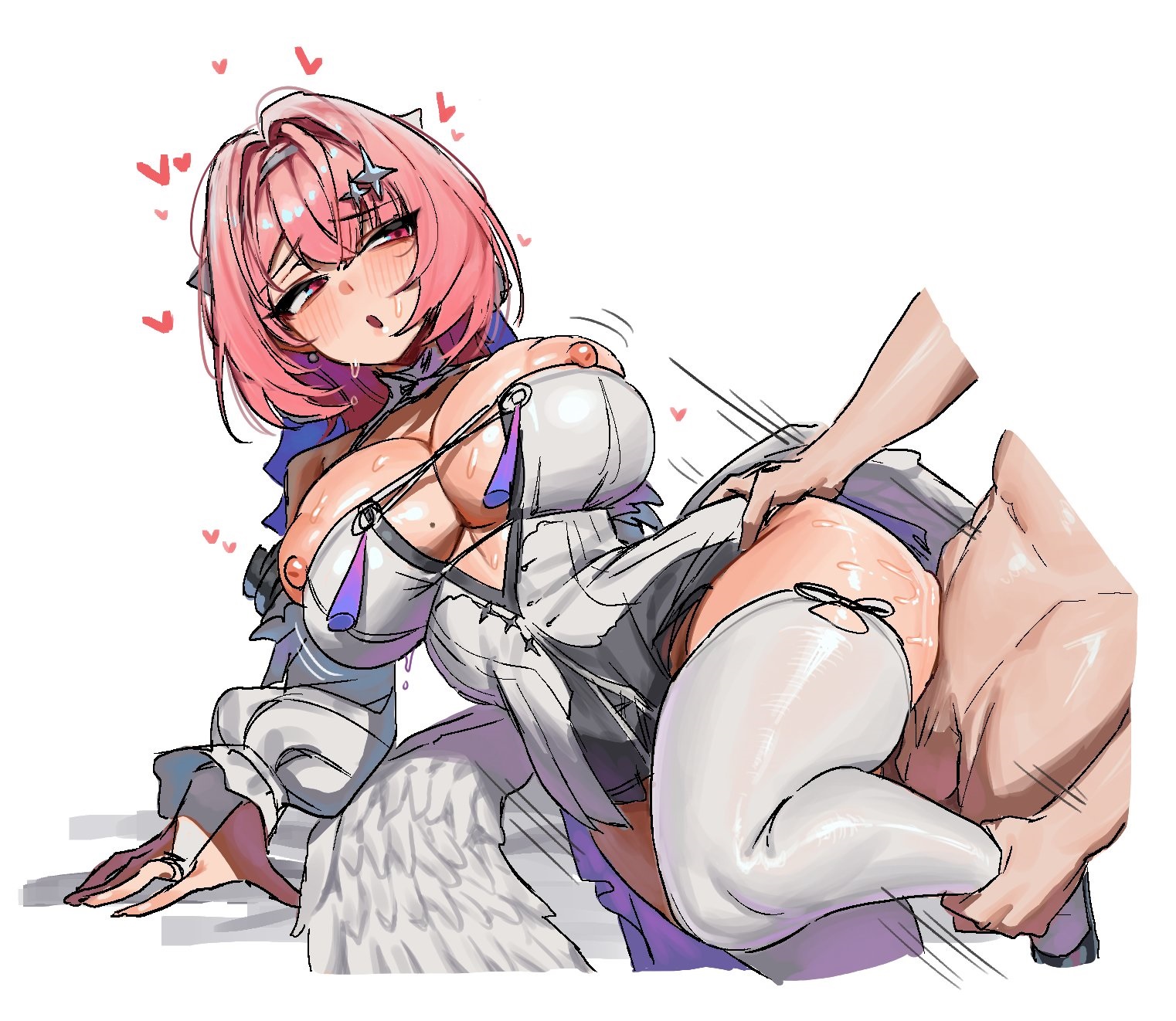 1boy, 1girl, ass ripple, black shoes, blush, breasts, bridal gauntlets, commentary, detached sleeves, dress, feathered wings, hair intakes, hair ornament, hair ribbon, hairband, hairclip, heart, hetero, highres, kuyokuyo, large breasts, leg up, long sleeves, medium hair, mole, mole on breast, motion lines, nipple slip, nipples, open mouth, pink eyes, pink hair, remielle dan, ribbon, sex, shoes, simple background, solo focus, sweat, tassel, thighhighs, thighs, untranslatable commentary, vaginal, white background, white bridal gauntlets, white dress, white hairband, white ribbon, white sleeves, white thighhighs, white wings, wings, zenless zone zero