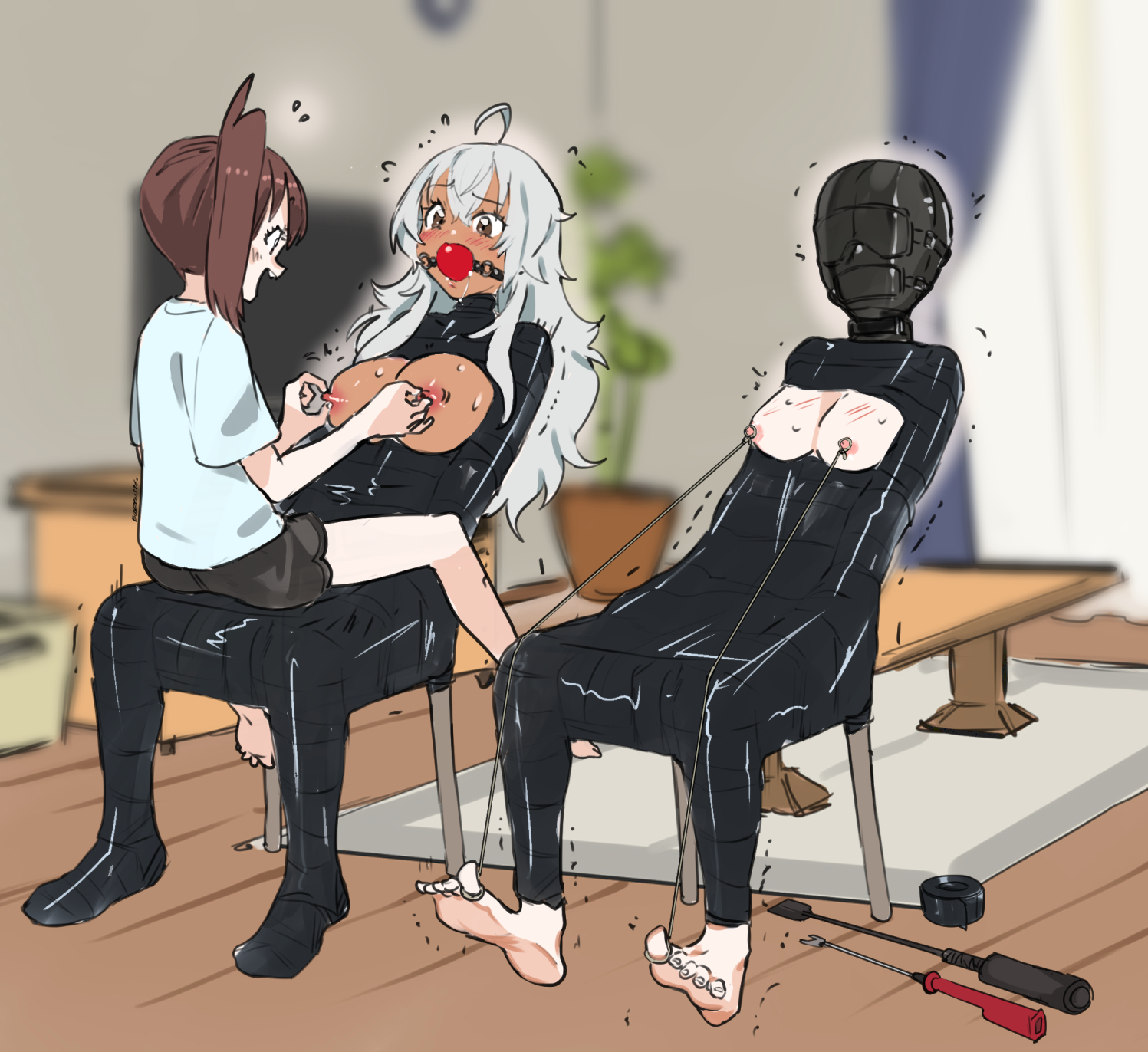 ball gag, blindfold, blindfolded, bondage, bound, eudetenis, female, female only, femsub, gag, gagged, latex, latex clothing, pretzelfan, rubber, rubber clothing, tape