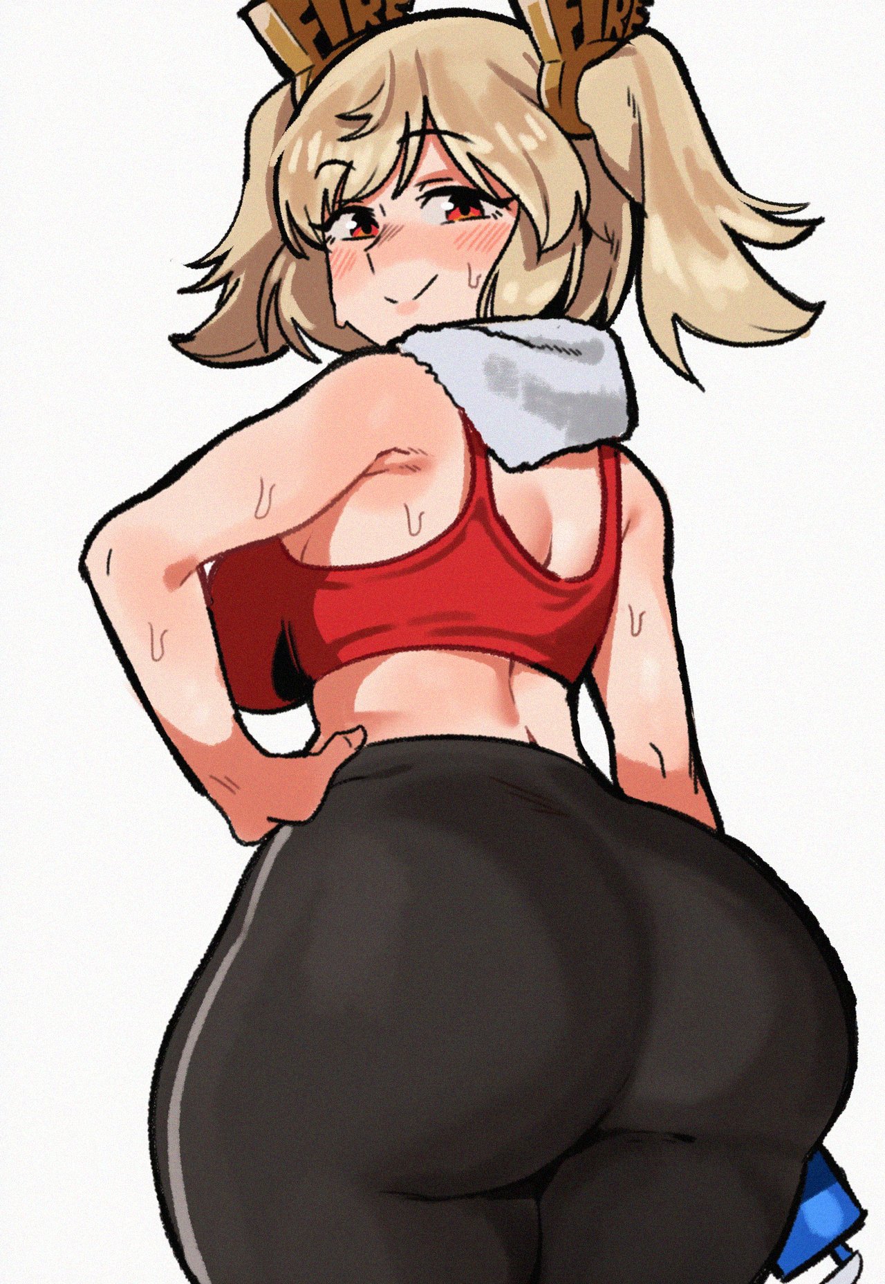 1girls, ass, ass focus, bare shoulders, big ass, blonde hair, blush, breasts, burnice white, from behind, huge ass, looking at viewer, looking back, red eyes, smile, solo, sports bra, sweat, thick thighs, twintails, zenless zone zero