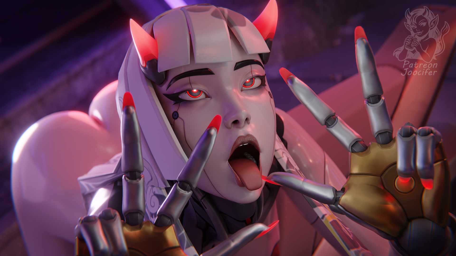 3d, 3d (artwork), ahegao, android, blender, blender (artwork), blizzard entertainment, glowing eyes, horns, joocifer, overwatch, peace sign, red eyes, robot, robot girl, rolling eyes, shion (overwatch), tongue, tongue out
