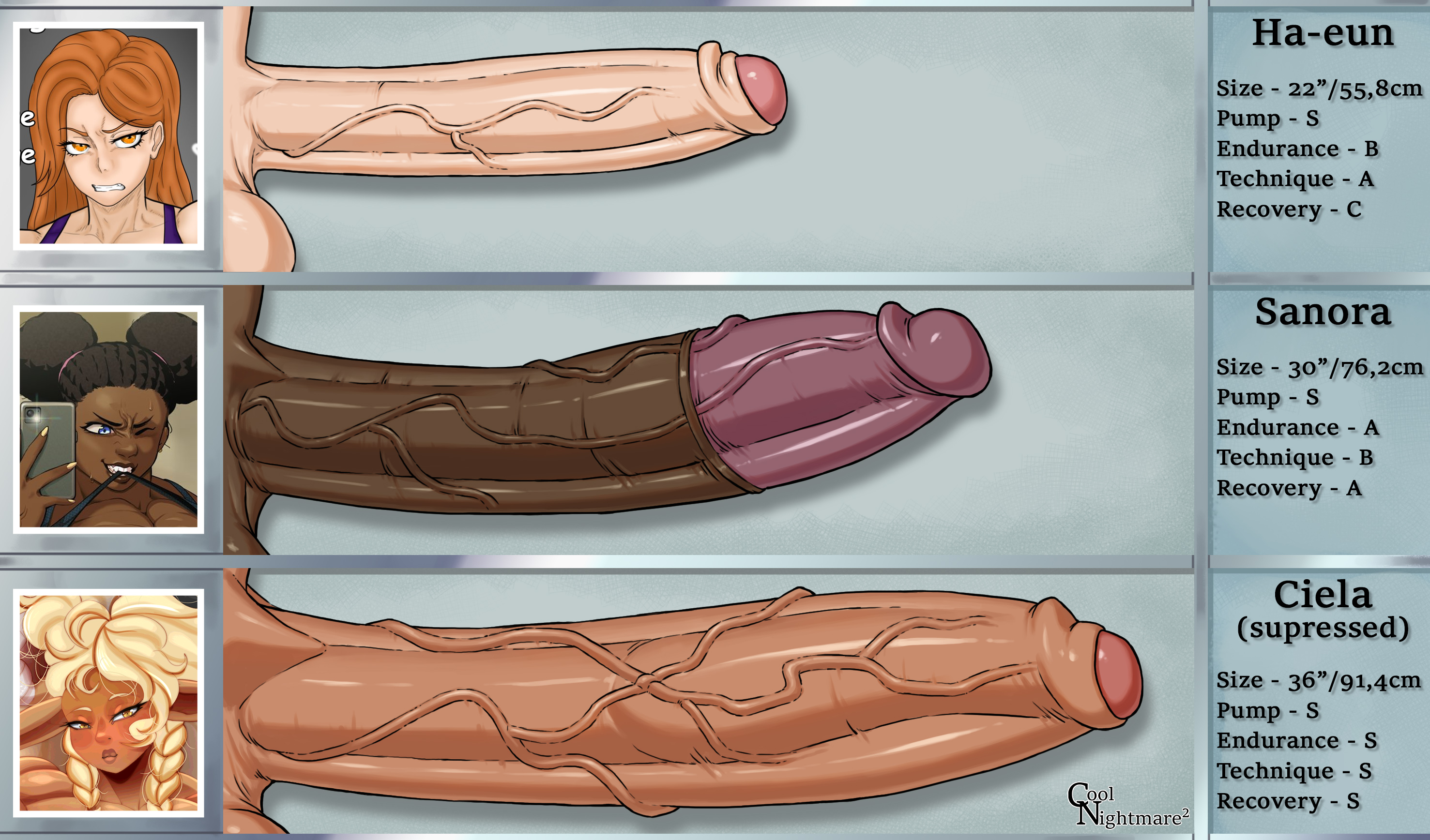 3futas, big cock, big penis, chart, commission, coolnightmare2, dark skin, dark-skinned futa, erect penis, futanari, huge penis, light skin, light-skinned futa, long penis, measurements, oc, original character, penis, penis chart, penis size chart, self upload, size comparison, tagme, text, uncensored, veins, veiny penis
