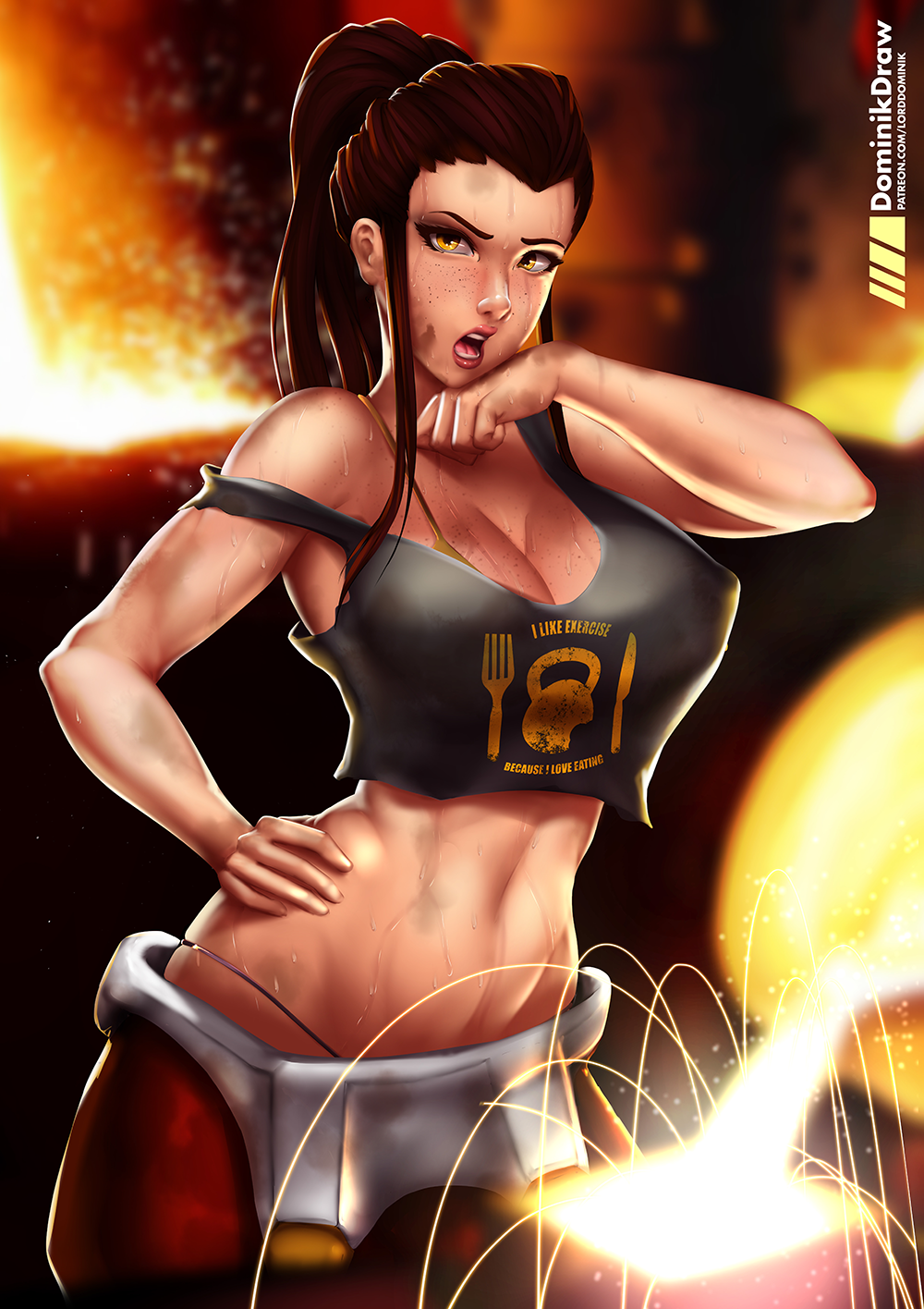 2d abs big_breasts blizzard_entertainment breasts brigitte brigitte_lindholm cleavage female female_only large_breasts looking_at_viewer lord_dominik muscles muscular muscular_female overwatch patreon_username solo sweat