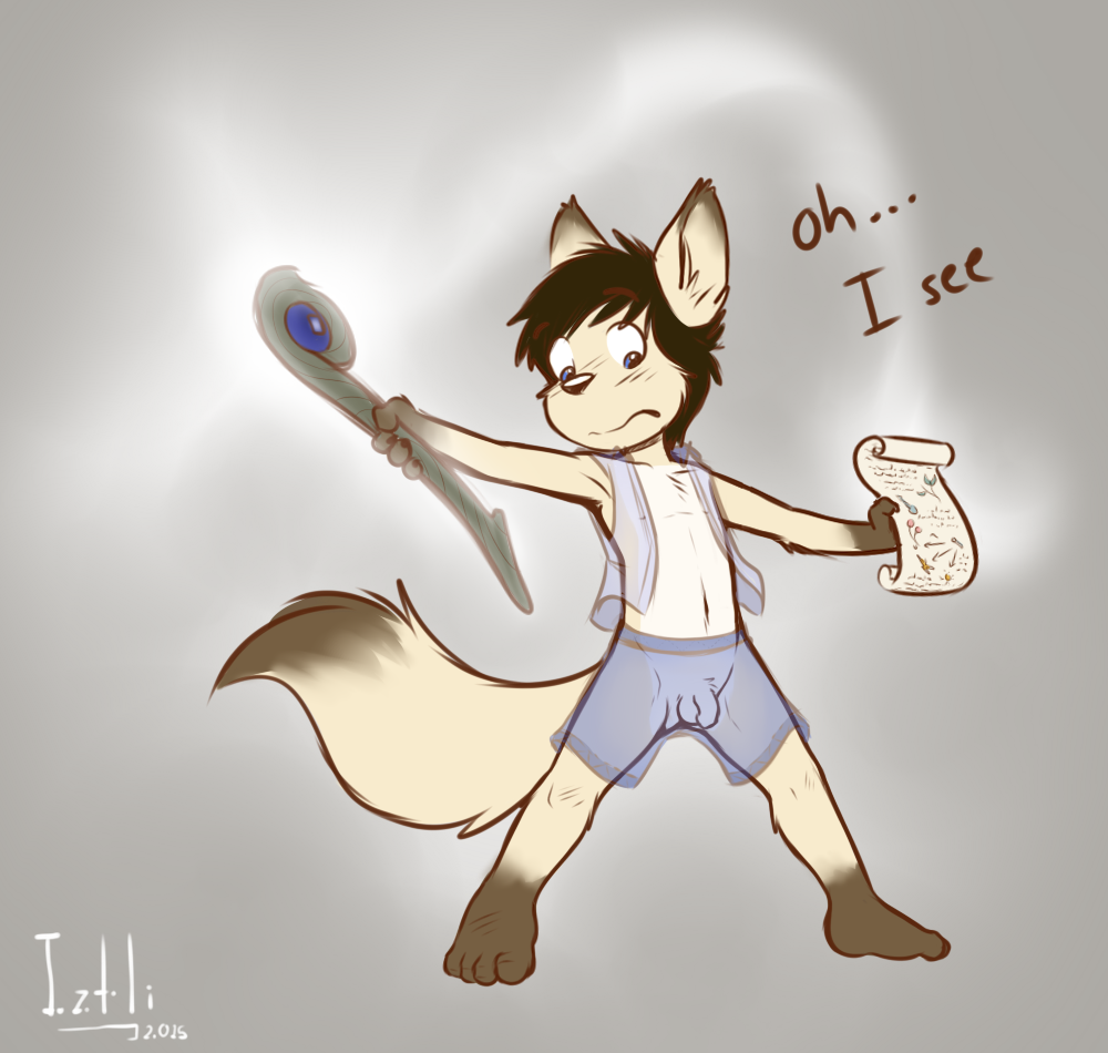 2015 action_pose balls barefoot black_hair blue_eyes canine clothing dipstick_tail english_text flaccid fox gloves_(marking) grey_background hair holding_object humanoid_penis inner_ear_fluff iztli magic male male_only mammal markings multicolored_tail navel penis scroll see-through shorts simple_background socks_(marking) solo staff testicles text uncensored uncut vest young