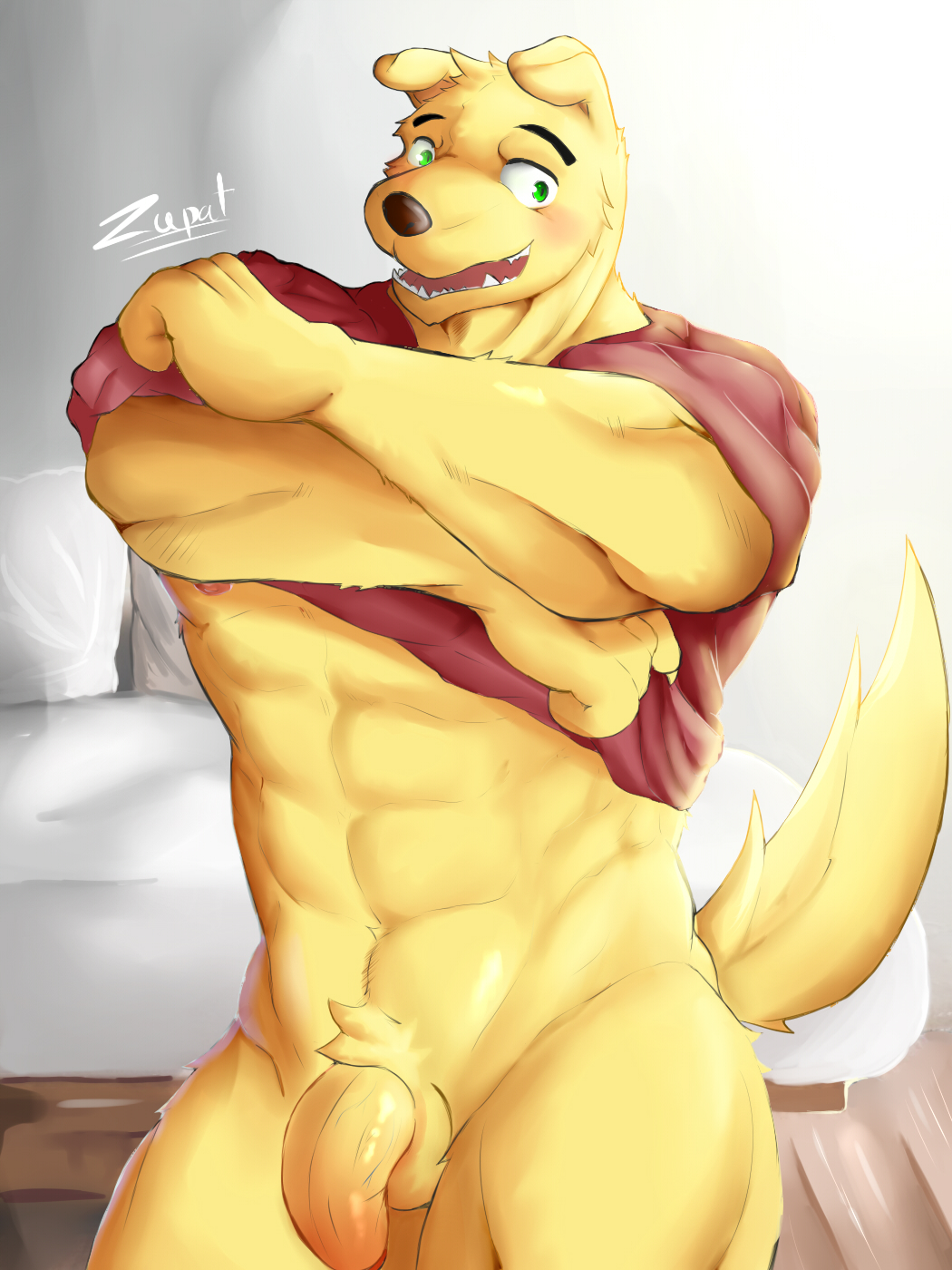 2016 abs anthro balls bed canine clothing flaccid fur green_eyes hi_res inside jeans male male_only mammal muscular muscular_male nipples open_mouth pants pecs penis shirt smile solo standing teeth undressing vein yellow_fur zupat