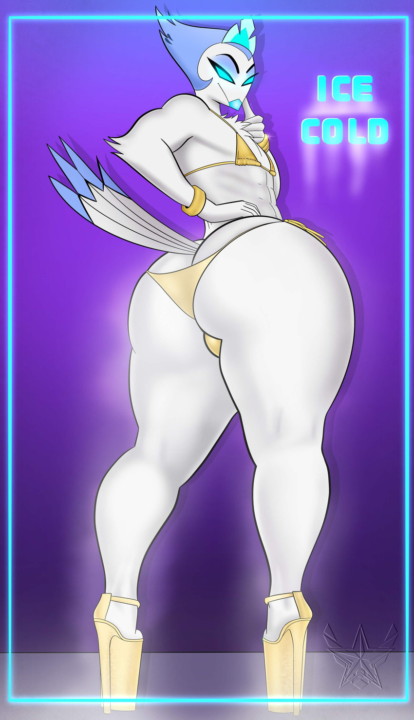 absurd res, andrealphus (helluva boss), anthro, arched back, avian, beak, big ass, big butt, big thighs, bikini, bikini bottom, bikini top, bulge, butt, clothing, digital media (artwork), eyeshadow, feathers, femboy, hellaverse, helluva boss, hi res, high heels, looking at viewer, looking back, male, protoskip, shades, solo, tagme, tail feathers, thick ass, thick thighs, white body, white feathers