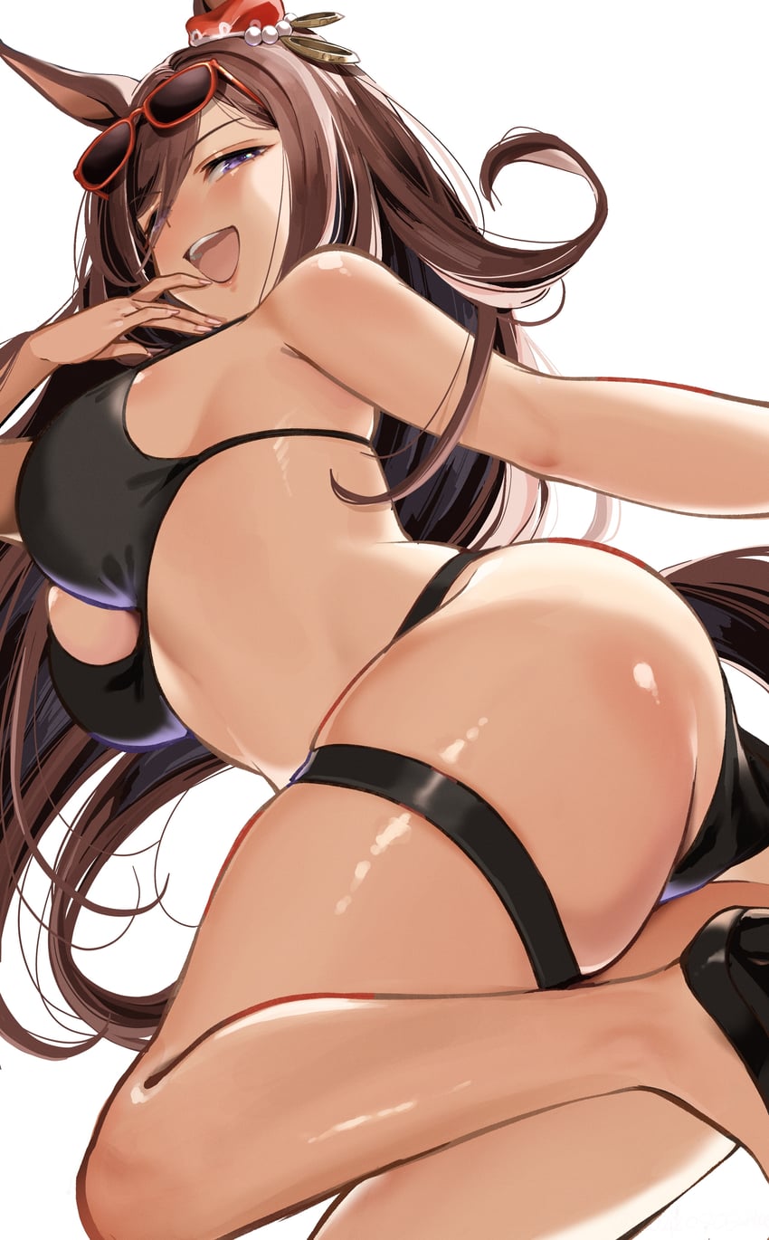 :d, 1girl, absurdres, animal ears, artist request, big ass, bikini, black bikini, black shoes, breasts, brown hair, commentary, eyewear on head, heels, highres, horse ears, horse girl, horse tail, large breasts, long hair, looking at viewer, open mouth, partially clothed, purple eyes, seeking the pearl (umamusume), shoes, simple background, smile, solo, sunglasses, swimsuit, tagme, tail, teeth, thick thighs, thigh strap, thighs, thong, umamusume, upper teeth only, white background