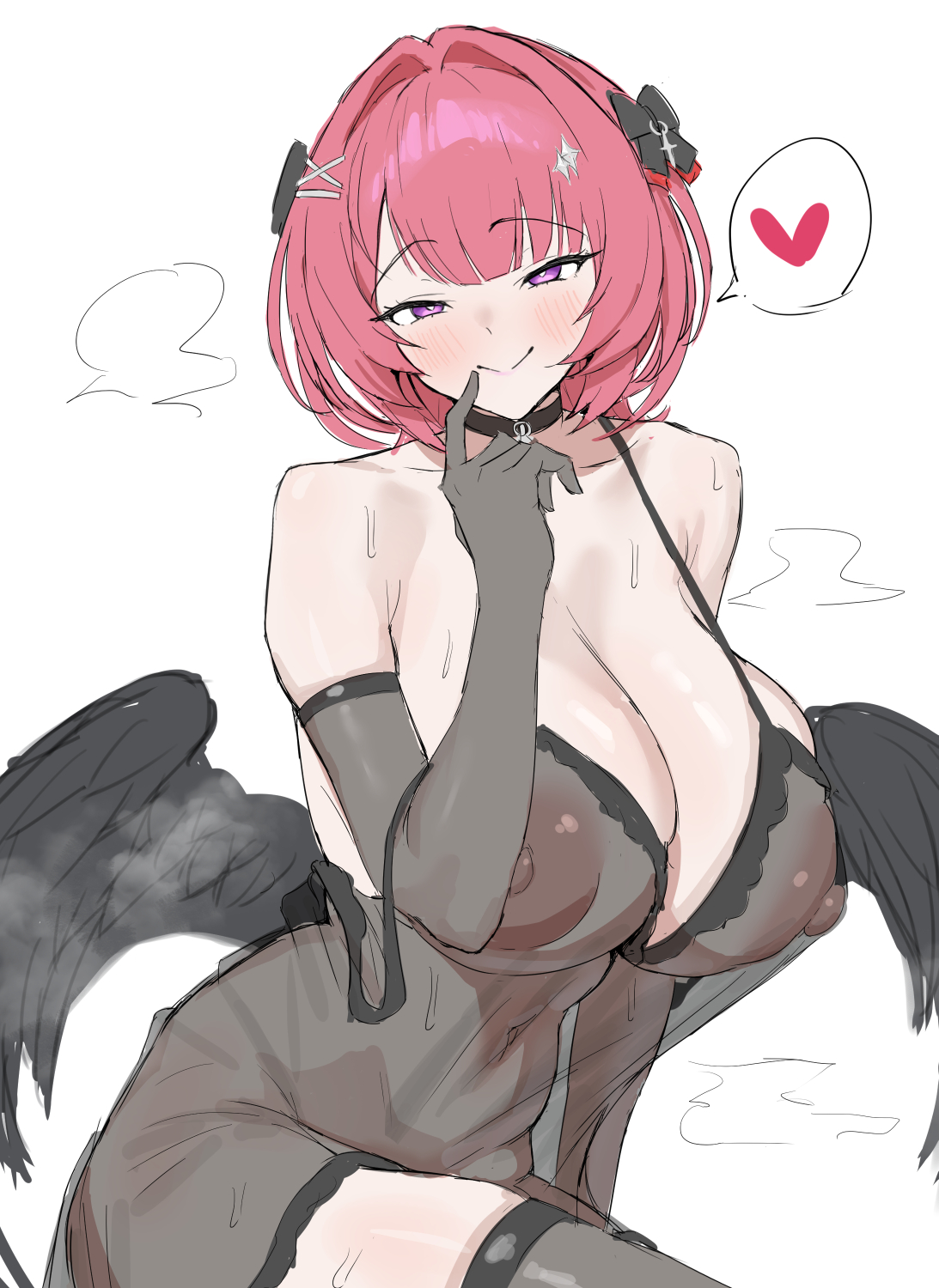 1girls, alternate costume, black bow, black thighhighs, black wings, bow, breasts, cleavage, commentary request, hair bow, hair intakes, heart, highres, large breasts, lingerie, looking at viewer, medium hair, multiple hair bows, nightgown, nipples, pink hair, puffy nipples, purple eyes, remielle dan, remielle dan (moonlight whispers), see-through, see-through clothes, see-through clothing, see-through nightgown, simple background, smile, sochin douji, solo, spoken heart, thighhighs, thighs, white background, wings, zenless zone zero
