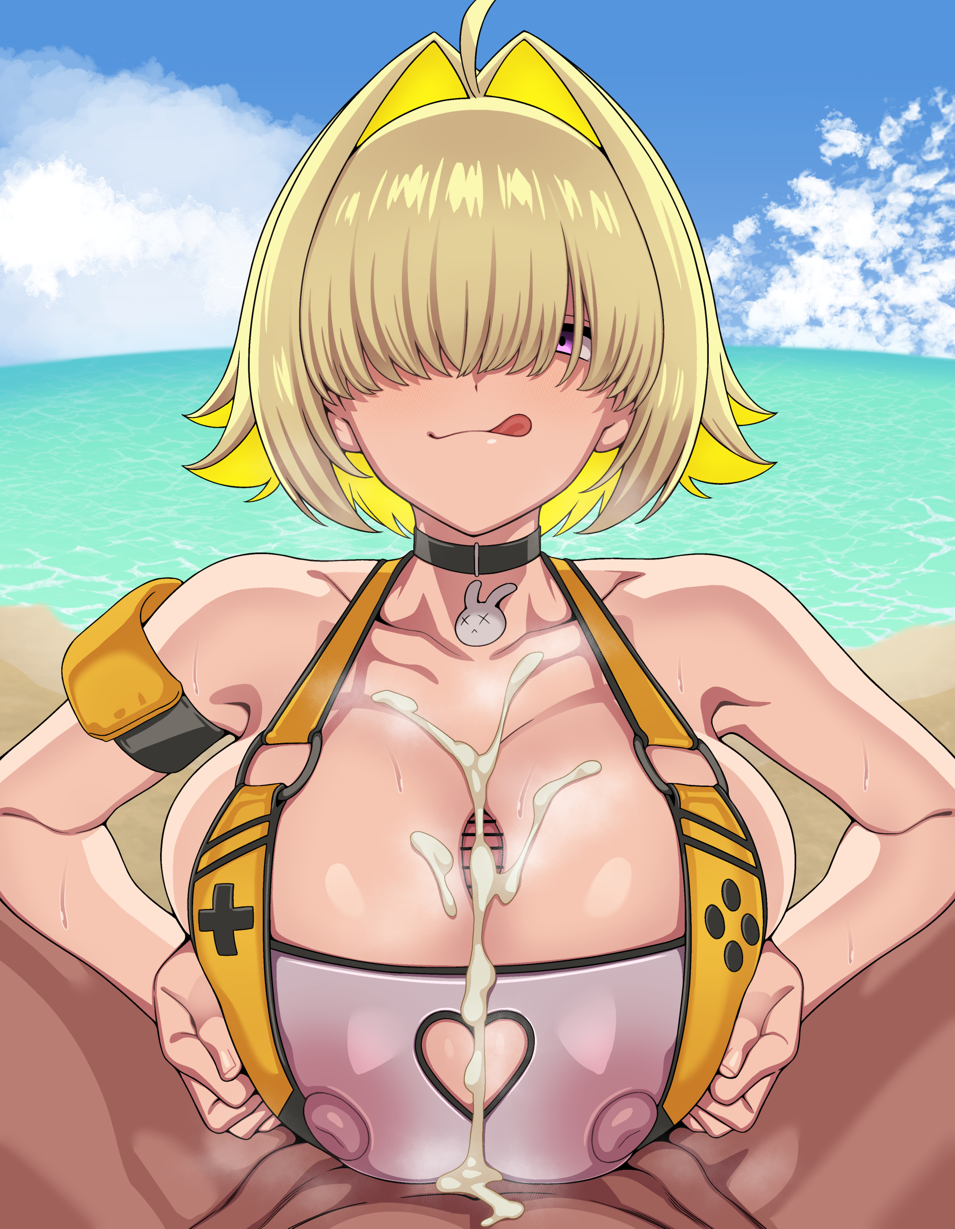 1boy, 1girls, bangs over eyes, blonde, cum, ejaculation, elegg (boom and shock) (nikke), elegg (nikke), goddess of victory: nikke, hiyoko spot, huge breasts, paizuri, penis, semen, short hair