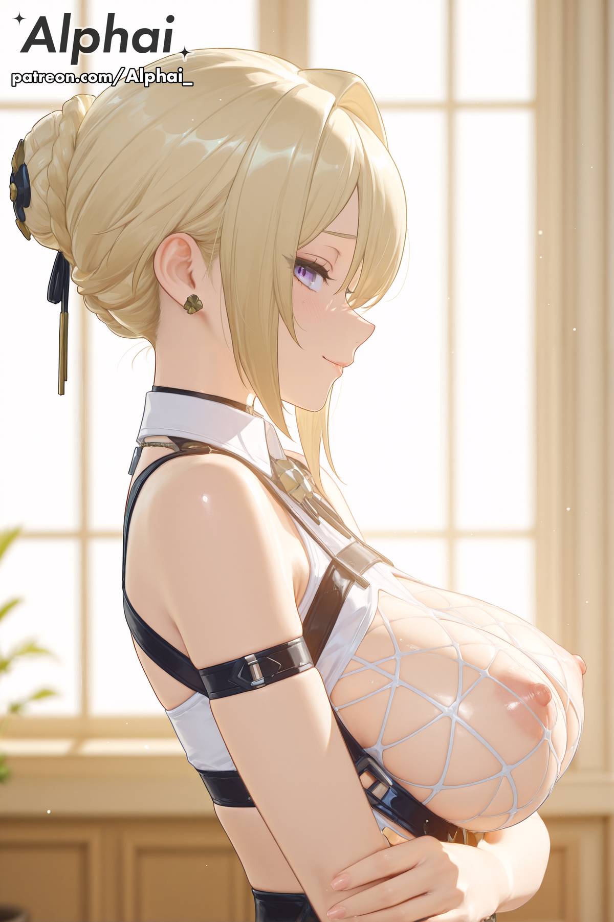 1girl 2025 2026 4k absurd_res absurdres ai ai-created ai-generated ai_art ai_assisted ai_generated alphai arms_crossed beauty_mark_under_eye blonde_hair blushing boob_cutout cinematic_lighting close-up colorful_background depth_of_field detailed_hair detailed_skin detailled_background dramatic_shadows evelyn_chevalier eyelashes eyeliner female_face hair_bun high_quality high_resolution highres large_breasts looking_at_viewer naughty_face nipples particles patreon patreon_link patreon_url patreon_username profile purple_eyes raised_eyebrows seductive_eyes shiny_skin side_angle side_view skindentation solo volumetric_lighting watermark white_background