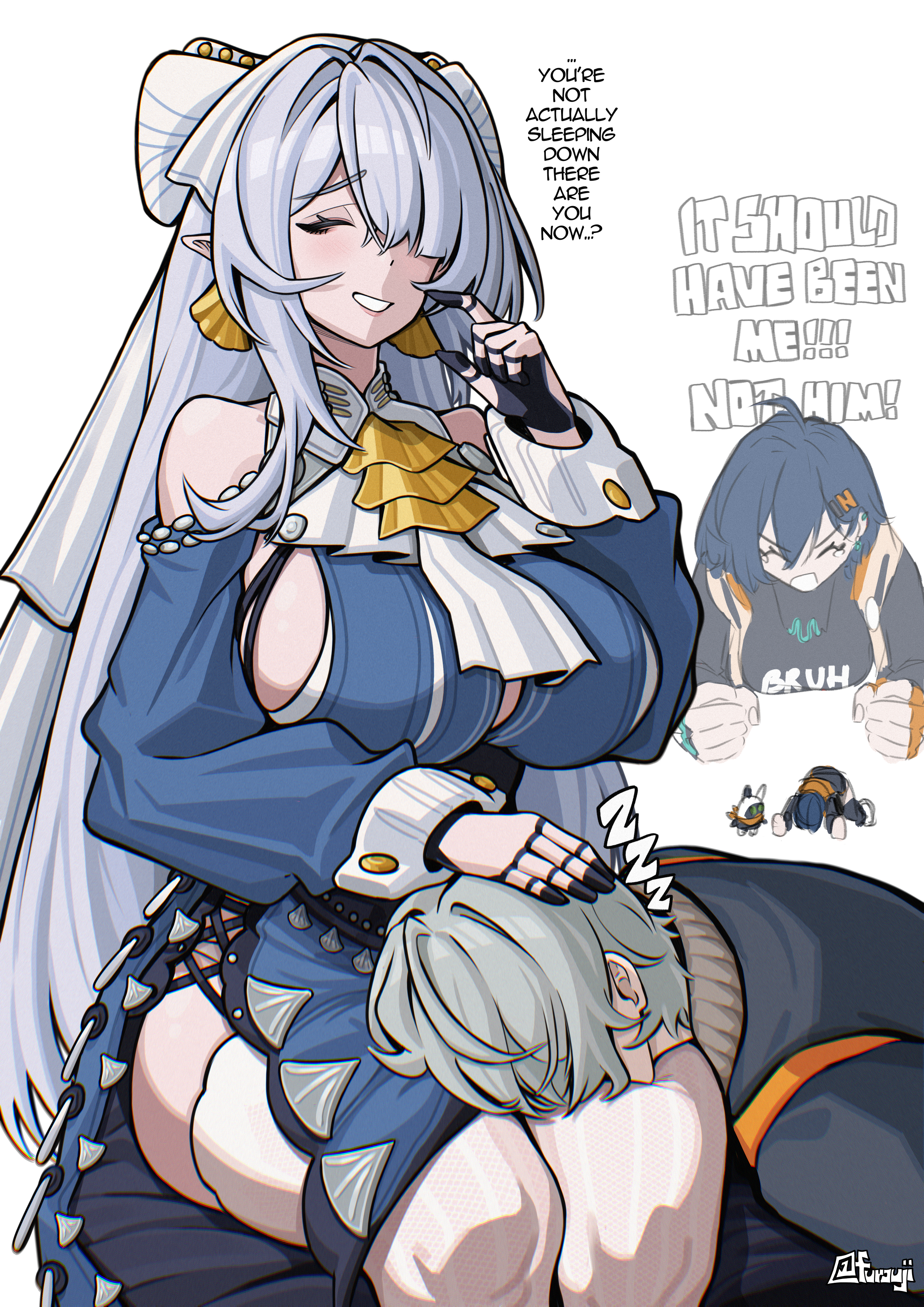 1boy, 2girls, absurdres, ascot, belle (zenless zone zero), big breasts, blue dress, blue hair, blush, bow, breasts, brother and sister, cleavage, closed eyes, clothing cutout, commentary, dress, english commentary, english text, eous (zenless zone zero), furauji, grey hair, grin, hair bow, hair over one eye, highres, it should have been me not him (meme), lap pillow, lap pillow invitation, large breasts, long hair, long sleeves, meme, multiple girls, pointy ears, short hair, shoulder cutout, smile, thick thighs, thighhighs, velina airgid, wise (zenless zone zero), yellow ascot, zenless zone zero