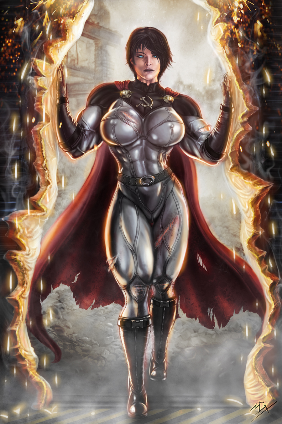 1girls abs black_hair blue_eyes boots breasts cape extreme_muscles female female_focus female_only hammer_and_sickle large_breasts m4gx mesmerizing muscles muscular muscular_female oc original original_character red_cape solo solo_female solo_focus soviet_superwoman