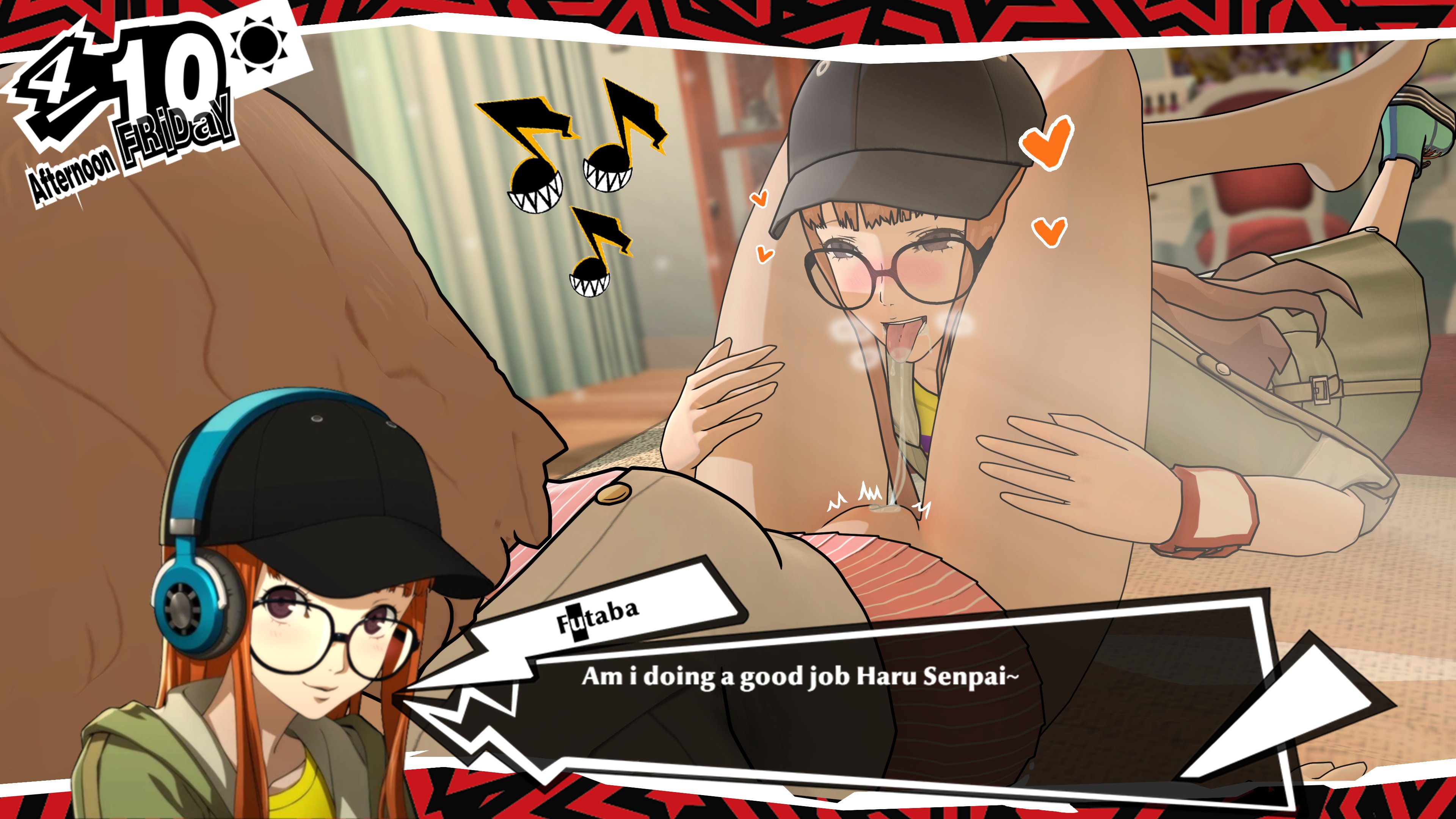 2girls, 3d, after cunnilingus, atlus, baseball cap, blush, dialogue, female, female only, female/female, game ui, glasses, haru okumura, leg lock, leg lock cunnilingus, legs around head, legs around partner, legs wrapped around head, legs wrapped around partner, nobodyrly (artist), orange hair, persona, persona 5, persona 5 scramble: the phantom strikers, sakura futaba, saliva trail, text, yuri