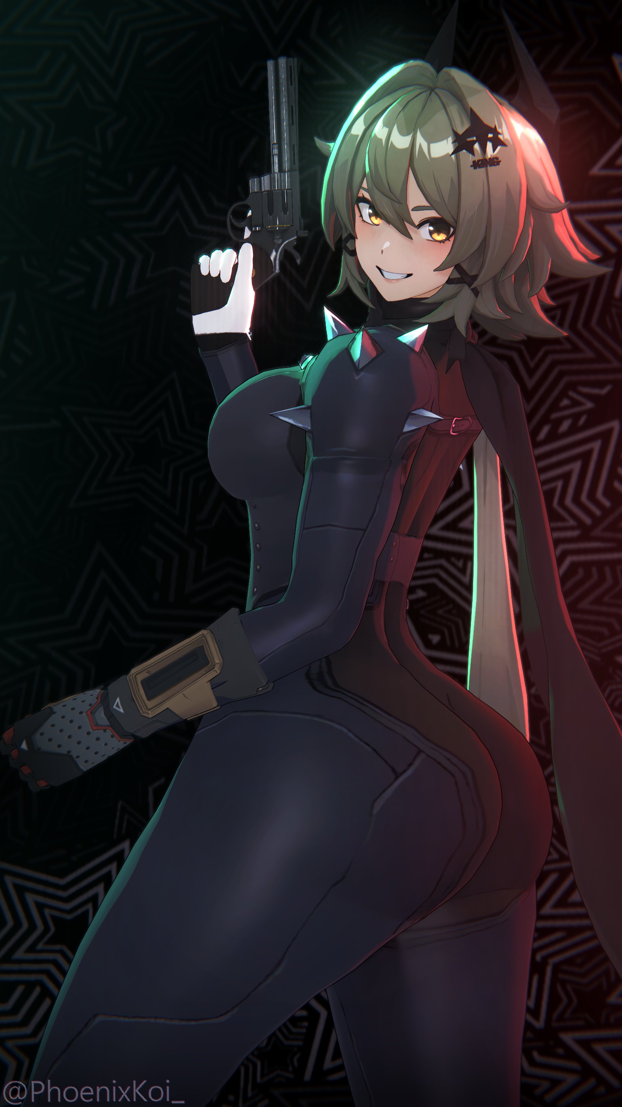 1girls, 3d, ar, ass, ass focus, bangs, big ass, big butt, bodysuit, breasts, caesar king, caesar king (zenless zone zero), eyebrows visible through hair, green hair, grin, gun, hair between eyes, hair ornament, holding, jpeg, looking at viewer, looking back, makoto niijima (cosplay), persona, persona 5, phoenixkoi, prosthetic, prosthetic hand, revolver, short hair, smile, solo, standing, teeth, thick thighs, yellow eyes, zenless zone zero