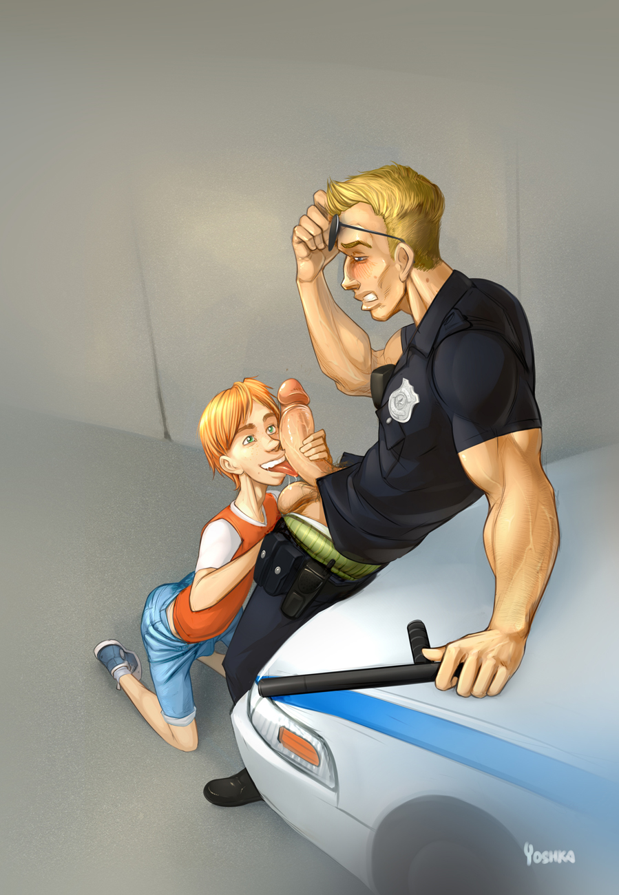 2boys, age difference, badge, balls, baton, blonde hair, blush, car, curved penis, erection, erection under clothes, fellatio, gay, glasses, green eyes, holding penis, large balls, large penis, licking penis, looking to the side, male, male only, multiple males, naughty face, nightstick, oral sex, outdoors, pants open, penis, penis grab, penis out, police, police car, police officer, saliva drip, strawberry blonde hair, sunglasses on forehead, tongue, tongue out, undressing, unprofessional behavior, yaoi, yoshka
