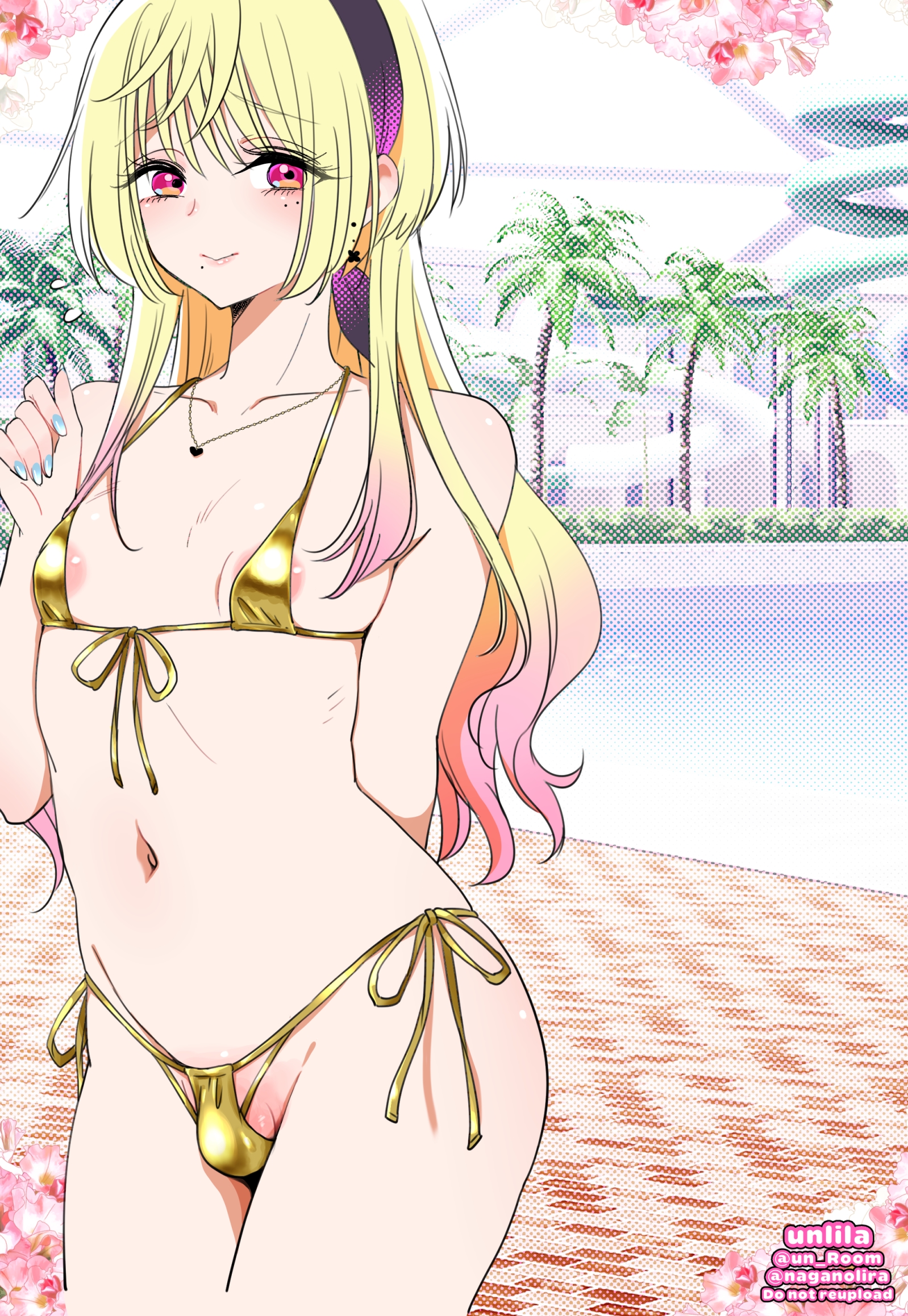 1boy, areolae slip, bare shoulders, bikini, bikini bottom, bikini top, blonde hair, blunt bangs, blush lines, brick floor, bulge, bulge through clothing, bush, ceiling, coconut tree, collarbone, day, daylight, daytime, eyebrows visible through hair, femboy, femenine male, fingernails, flower, front-tie bikini top, girly, golden bikini, golden bikini bottom, golden bikini top, gradient hair, groin, hair band, halftone background, hand behind back, hand on chest, hand up, heart necklace, indoor pool, indoors, japanese text, kinosaki mei, lips, long hair, looking aside, looking at viewer, male, male focus, male only, marriagetoxin, micro bikini, micro bikini bottom, micro bikini top, mole under eye, multicolored hair, nagano rira, nail polish, navel, necklace, penis, pink hair, pool, poolside, portrait, red eyes, side-tie bikini bottom, slider, small penis, smile, solo, solo male, standing, testicle peek, testicles, thighs, tile floor, tongue, tree, twitter username, username, very high resolution, water