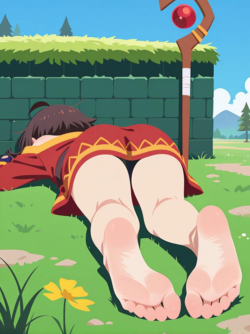 ai generated, brown hair, feet, feet focus, green background, hat, huge ass, kono subarashii sekai ni shukufuku wo!, megumin, muscles, penetration, sole female, soles, soles fetish, soles focus, sweet