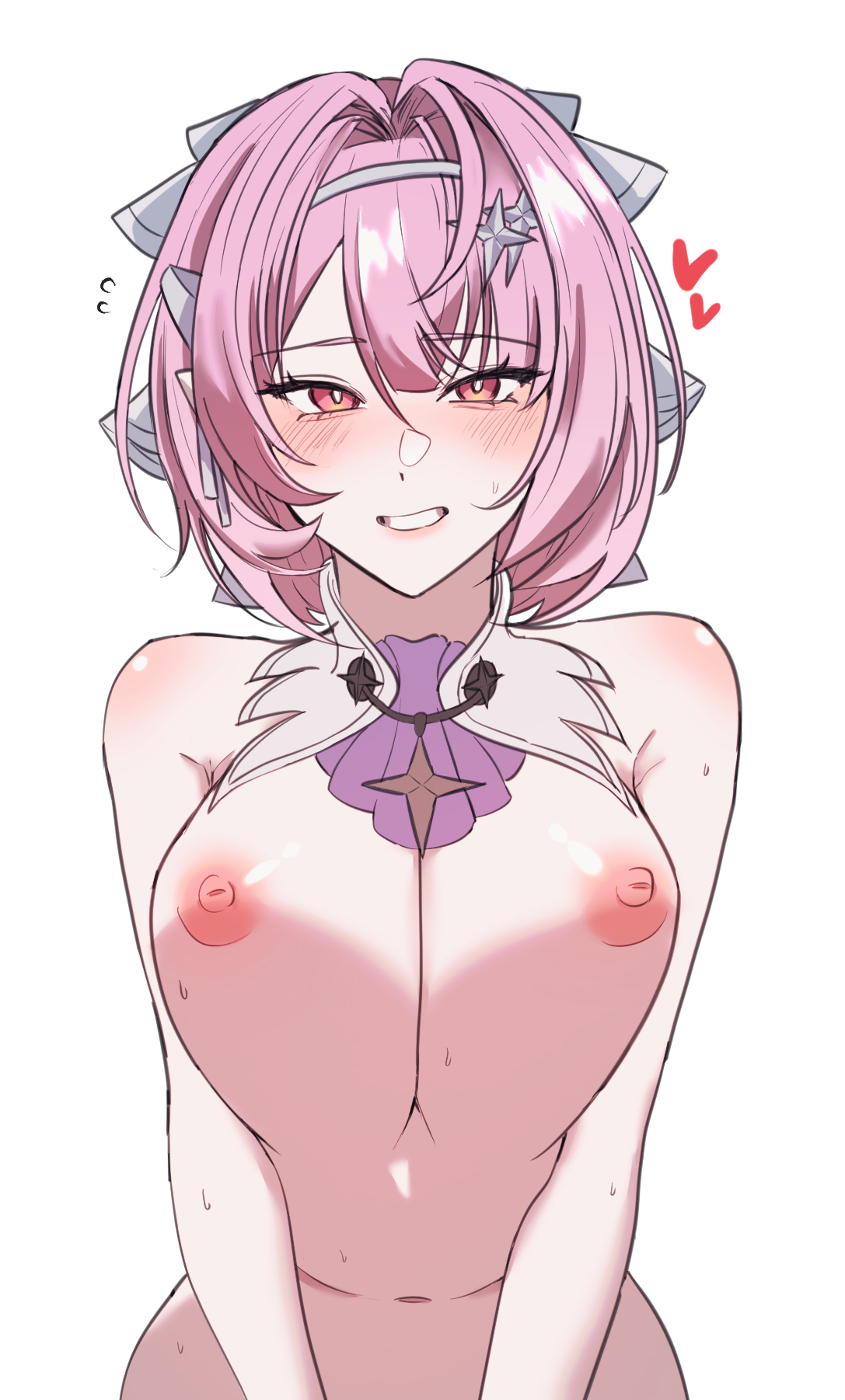 breasts, breasts squeezed together, grey hairband, hairband, highres, large breasts, looking at viewer, medium hair, navel, nipples, pink eyes, pink hair, remielle dan, simple background, smile, solo, stomach, white background, zenless zone zero